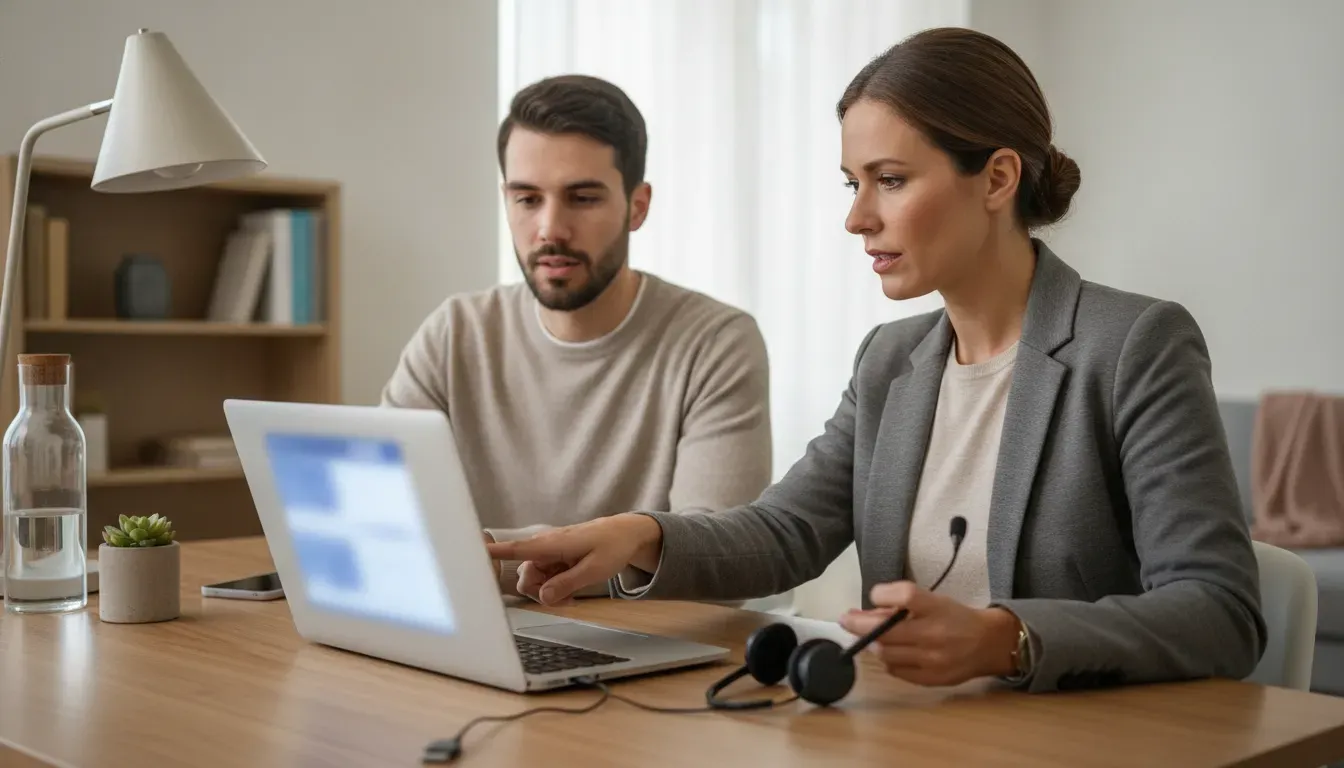 IT professional coaching a remote employee on a secure company laptop setup