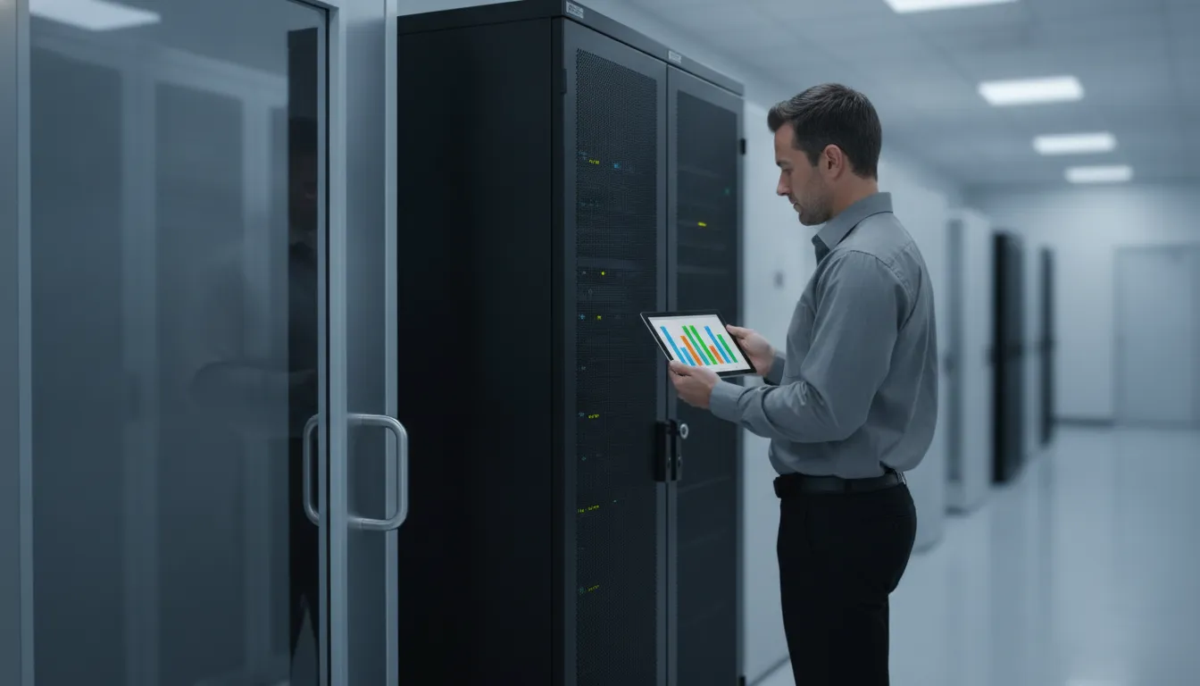 Technician checking system status outside a locked network cabinet