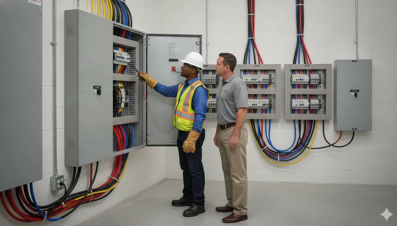 Licensed engineer reviewing building systems during a 25-year building recertification inspection