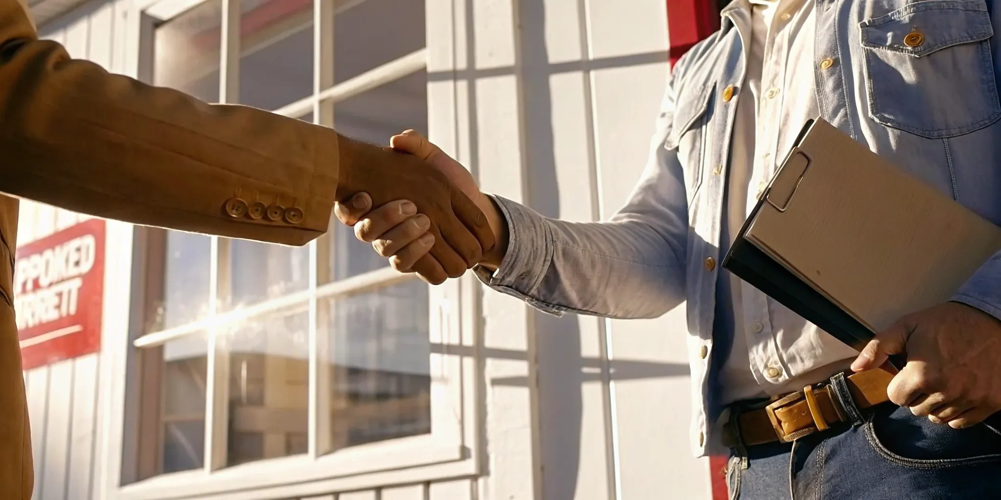 Florida business owner shaking hands with a permit consultant outside a newly approved commercial storefront