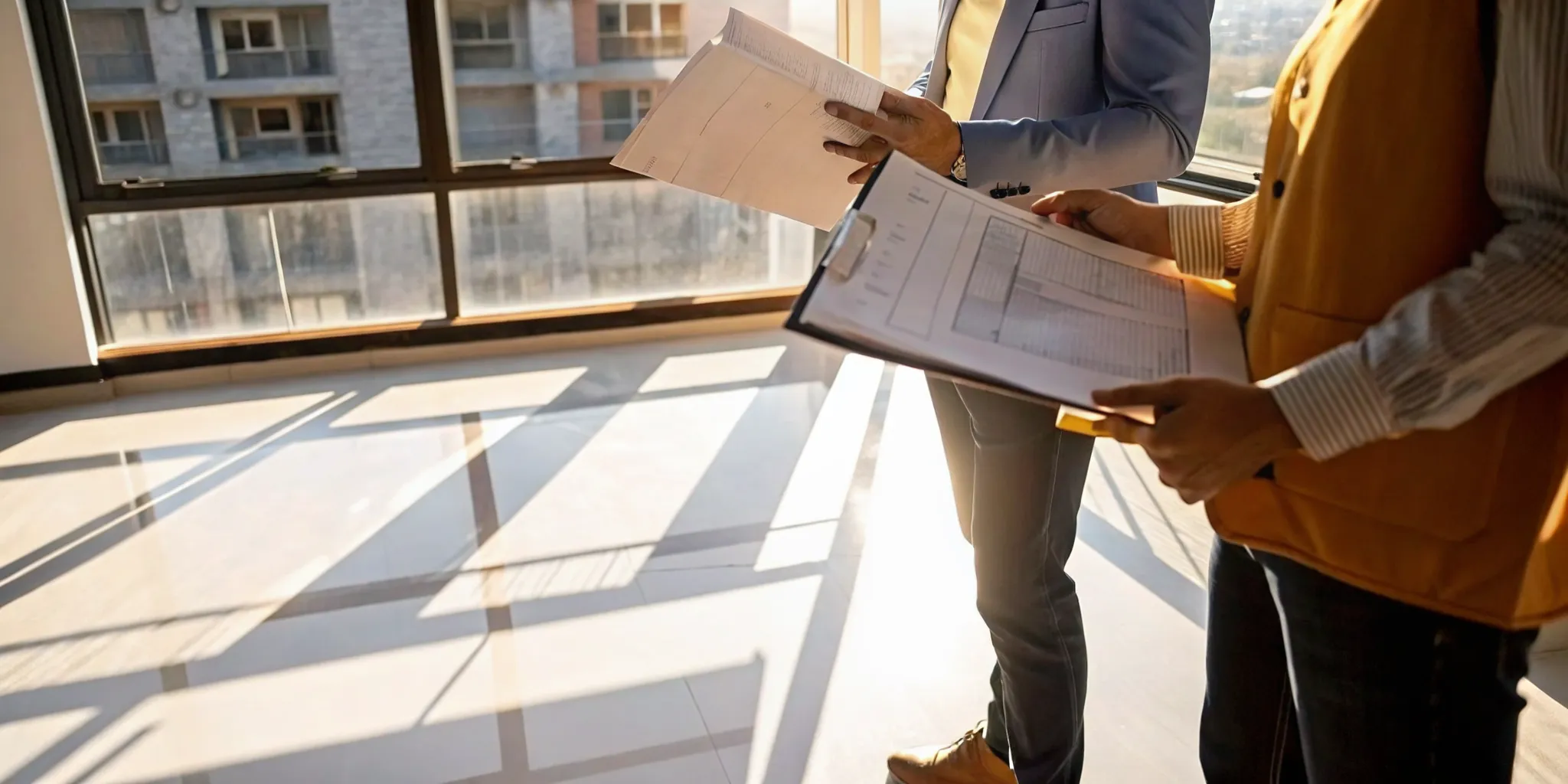 Building inspector in Florida reviewing construction documents with a property owner inside a newly completed commercial space