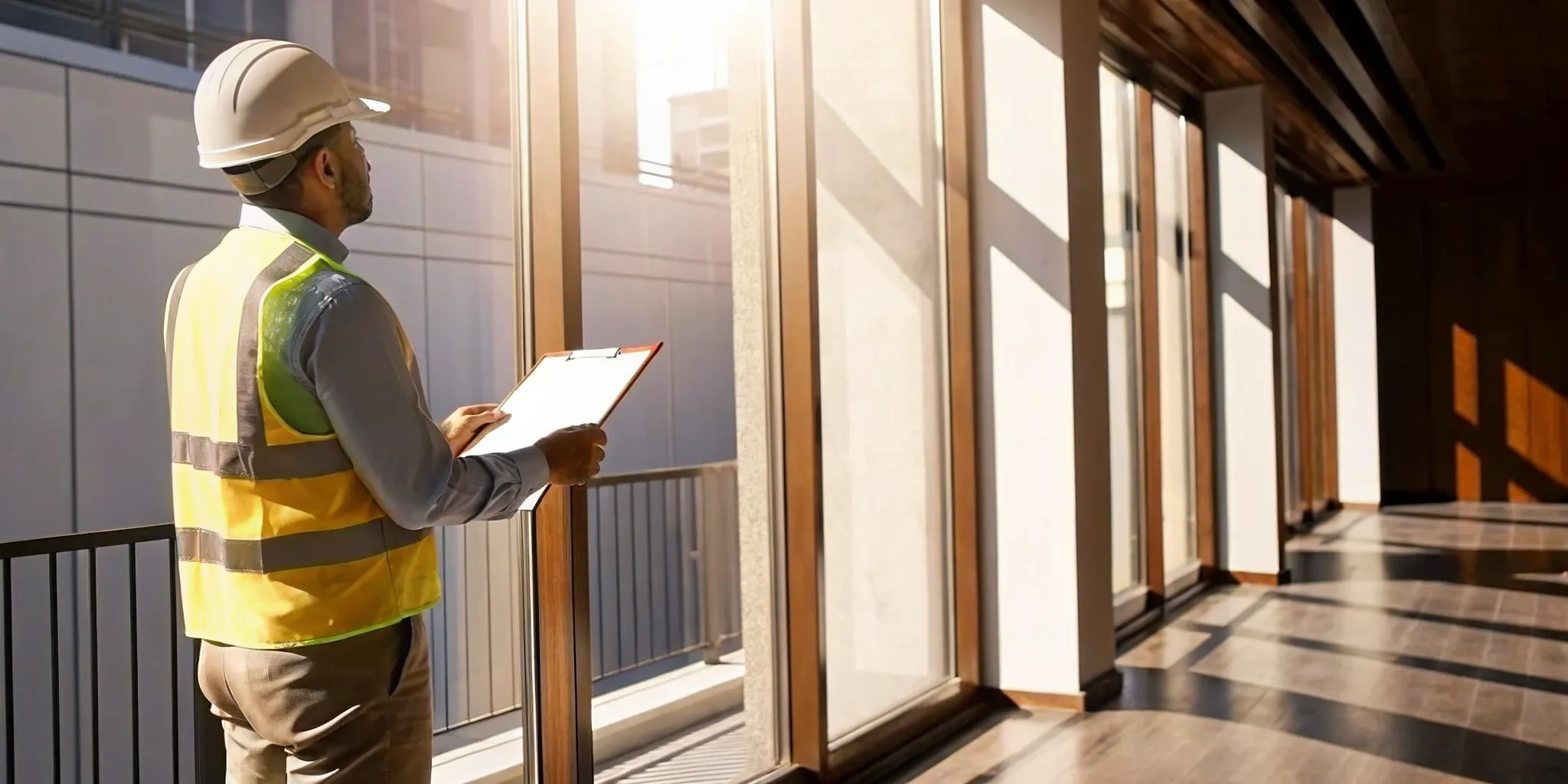 Commercial building inspector examining a Miami office exterior during a code compliance review