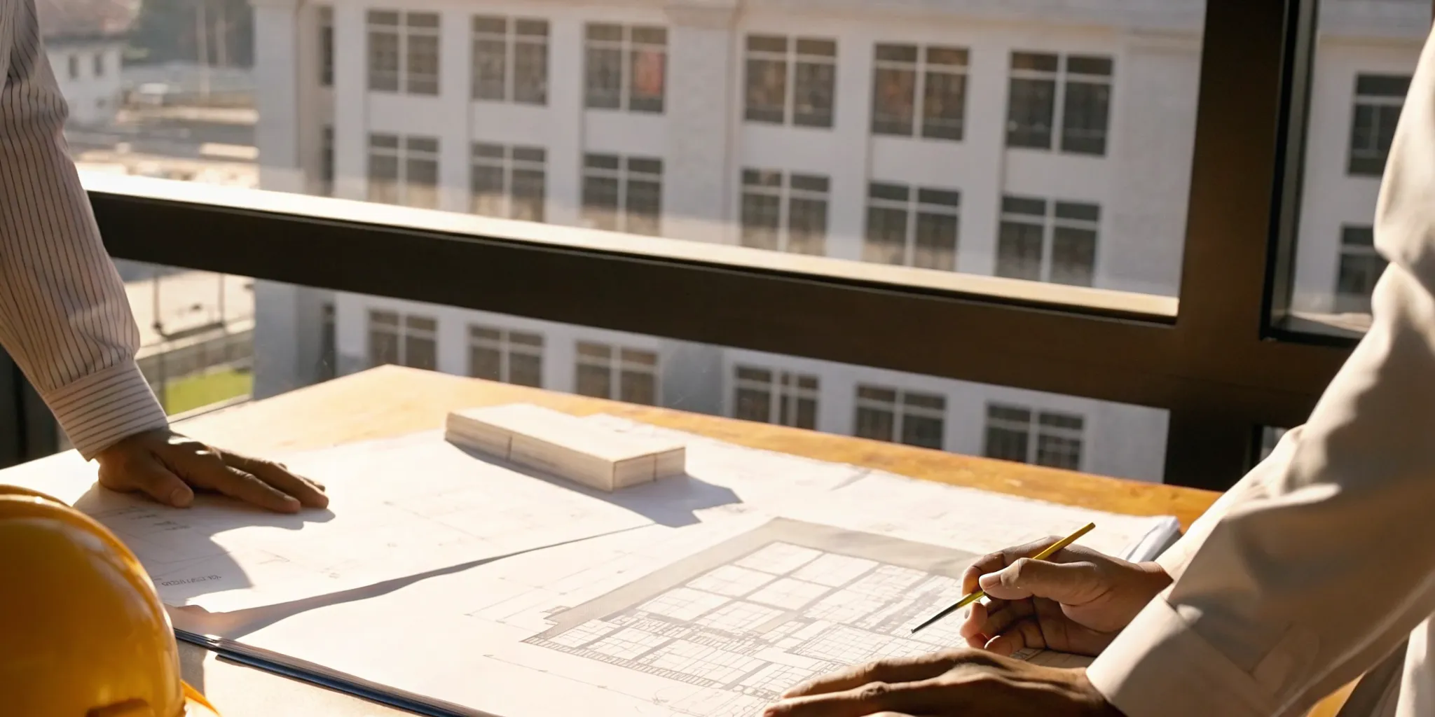 Building code experts reviewing architectural blueprints and compliance documents during a professional consultation