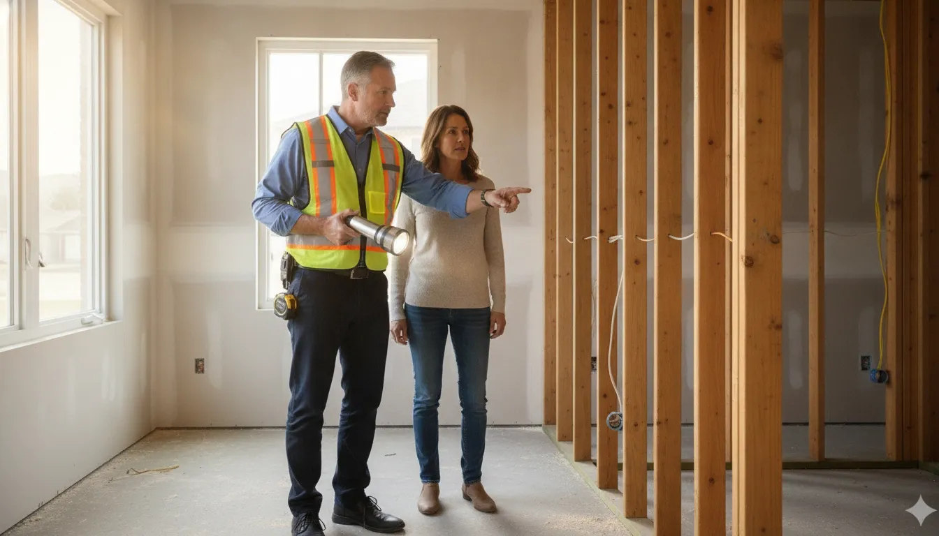 Building department inspector reviewing exposed framing and wiring with a homeowner to plan remediation of unpermitted work.