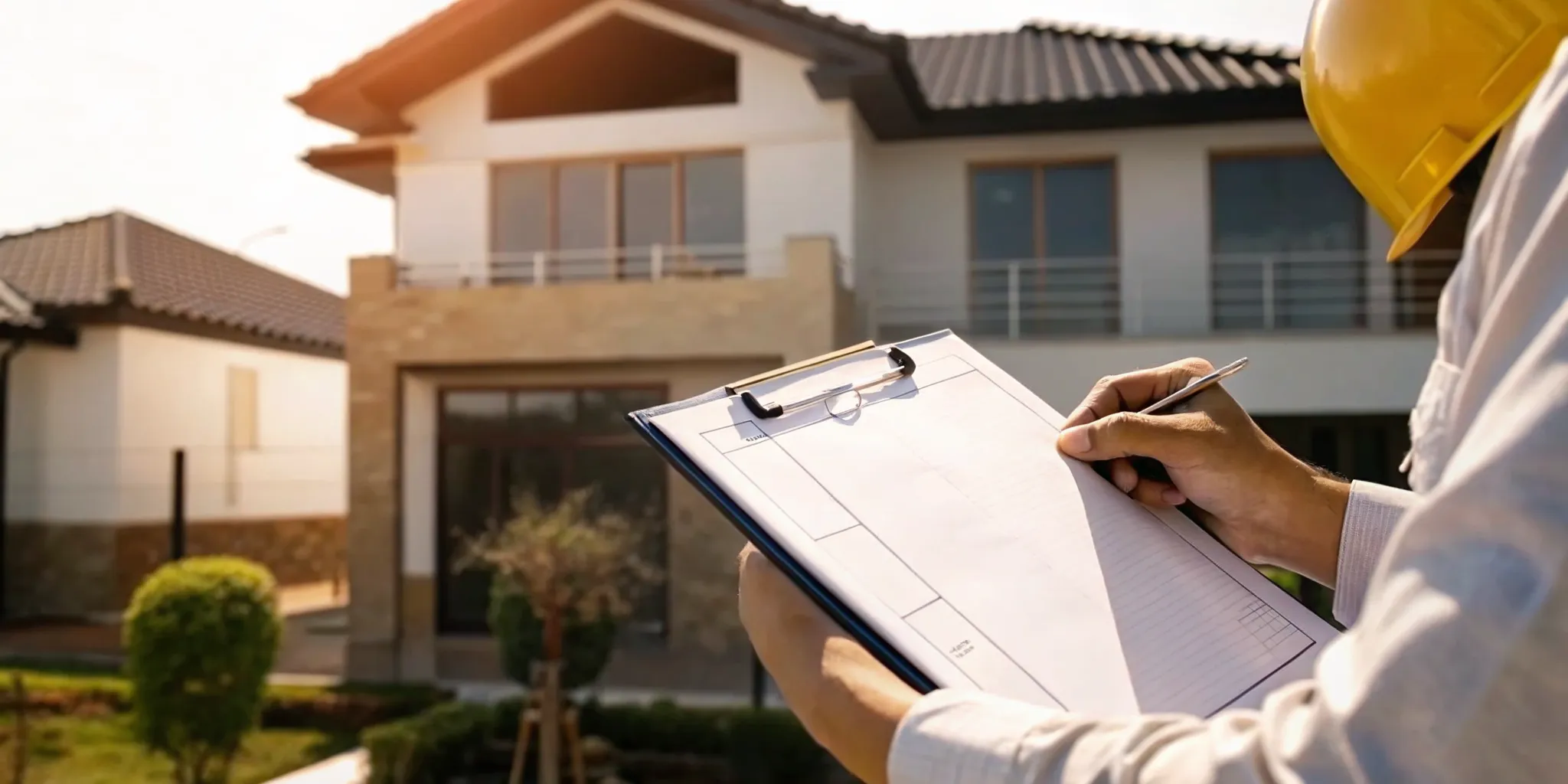Building inspector reviewing construction plans at a Florida property