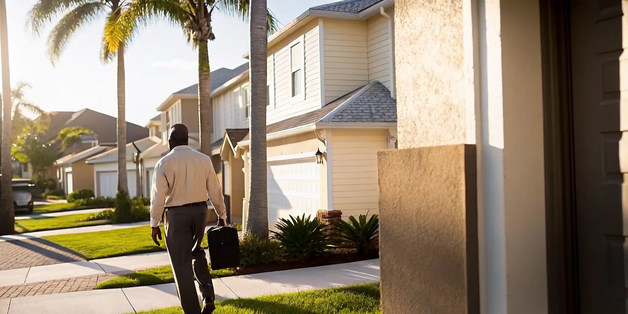 Residential Florida home with a code compliance inspector walking up the driveway during an inspection