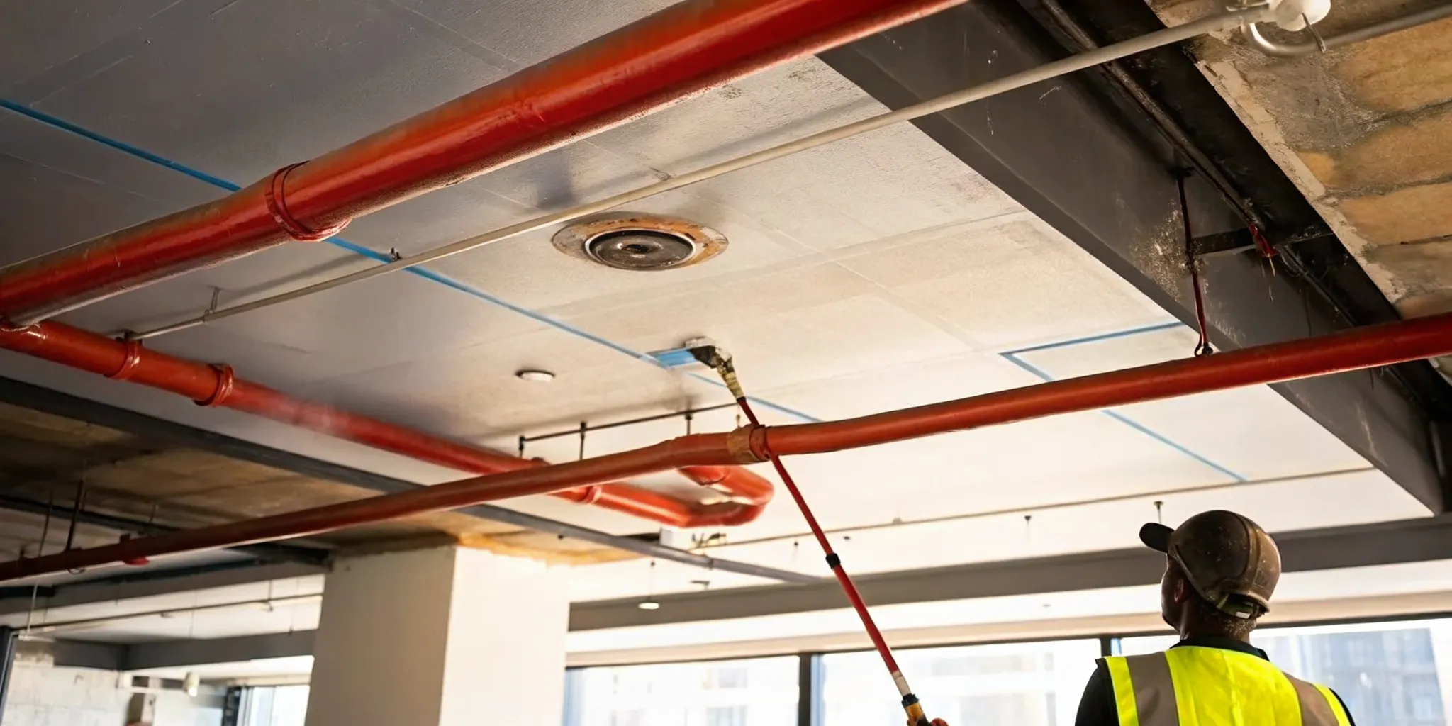 Commercial ceiling with exposed red sprinkler piping and a painted over sprinkler head