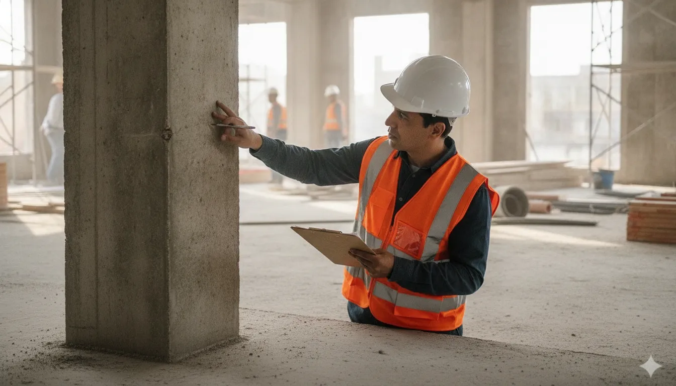 Engineer inspecting a concrete column and floor slab during a building structural inspection