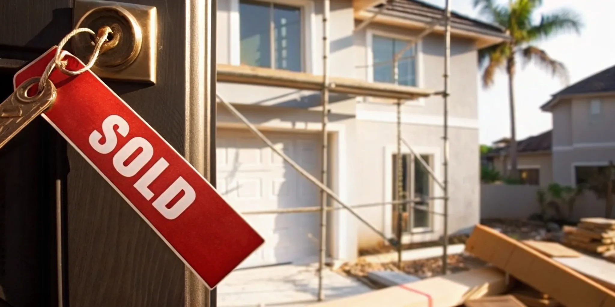 Miami-Dade home with a red stop-work order tag posted on the front door, indicating an active building code violation