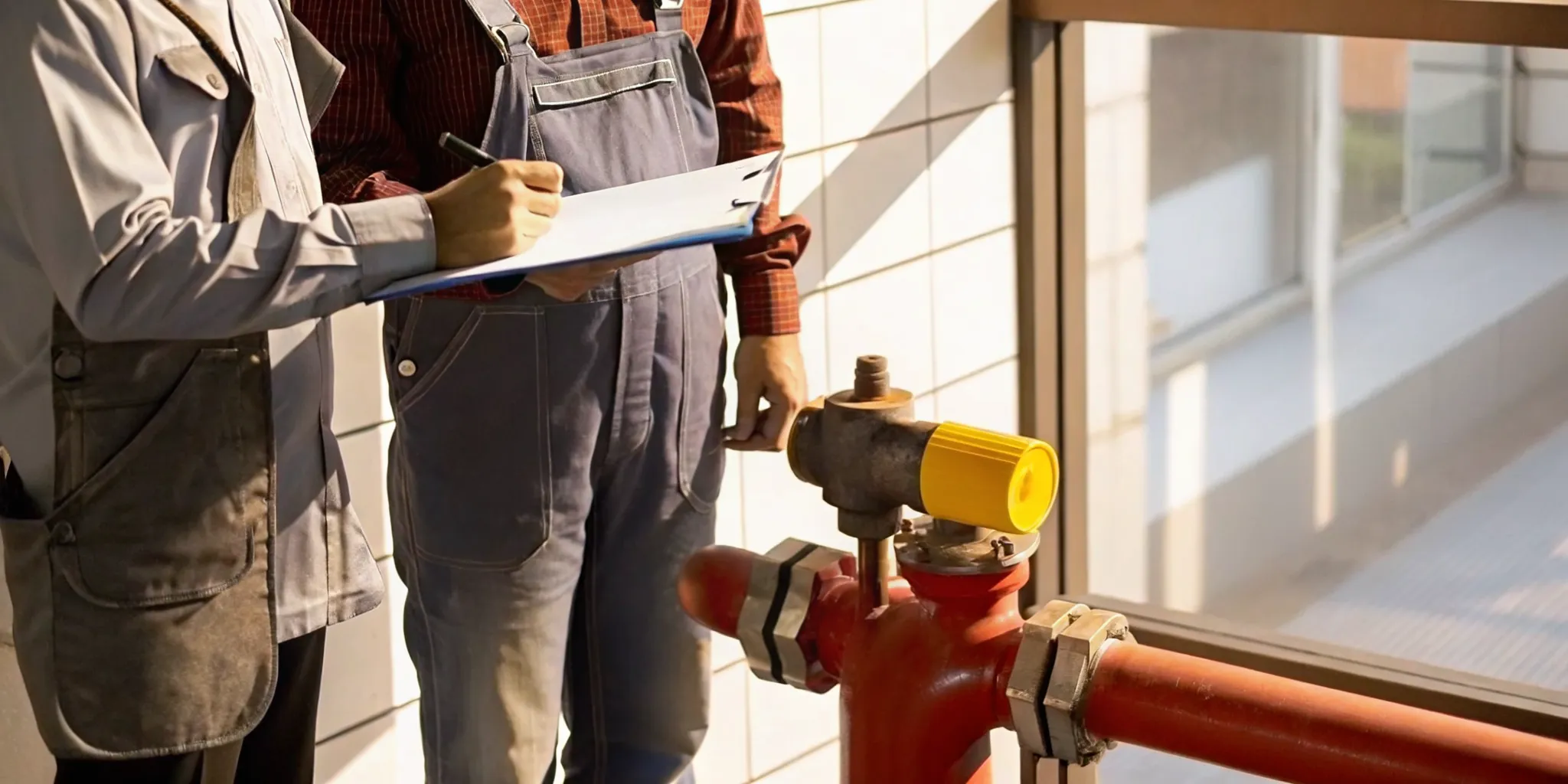 Fire protection contractor and building owner inspecting a commercial sprinkler riser and control valves