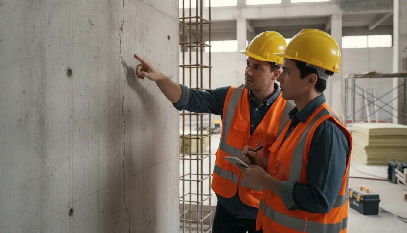 Engineer pointing at a crack in a concrete wall during a structural review