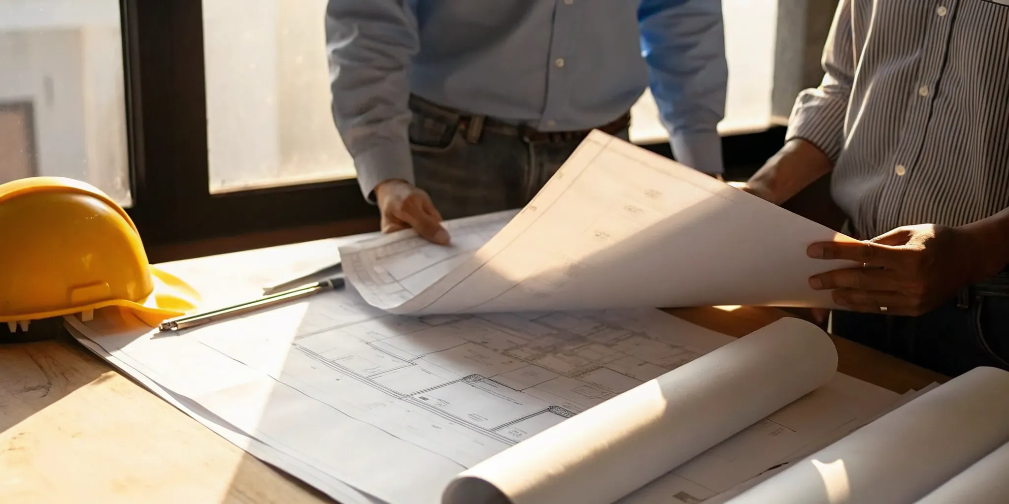Building inspector reviewing architectural plans and permit documents at a Miami-Dade County office desk