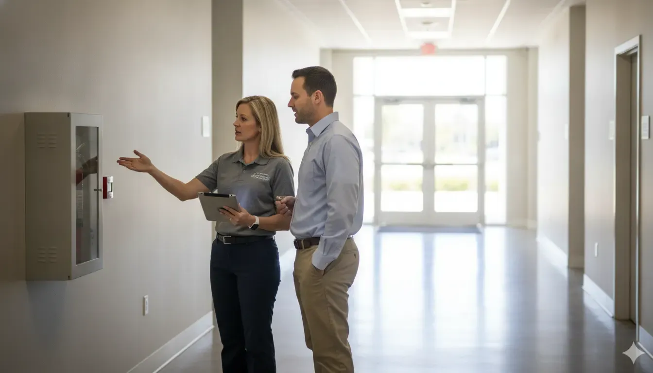 Final Florida fire reinspection walkthrough with a property manager and safety professional
