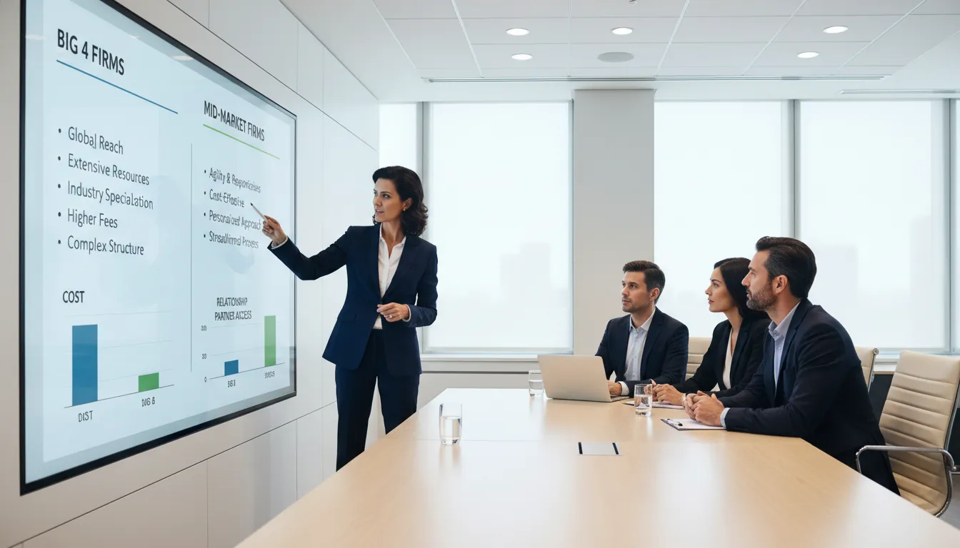 Audit committee comparing big 4 vs mid market audit firm options