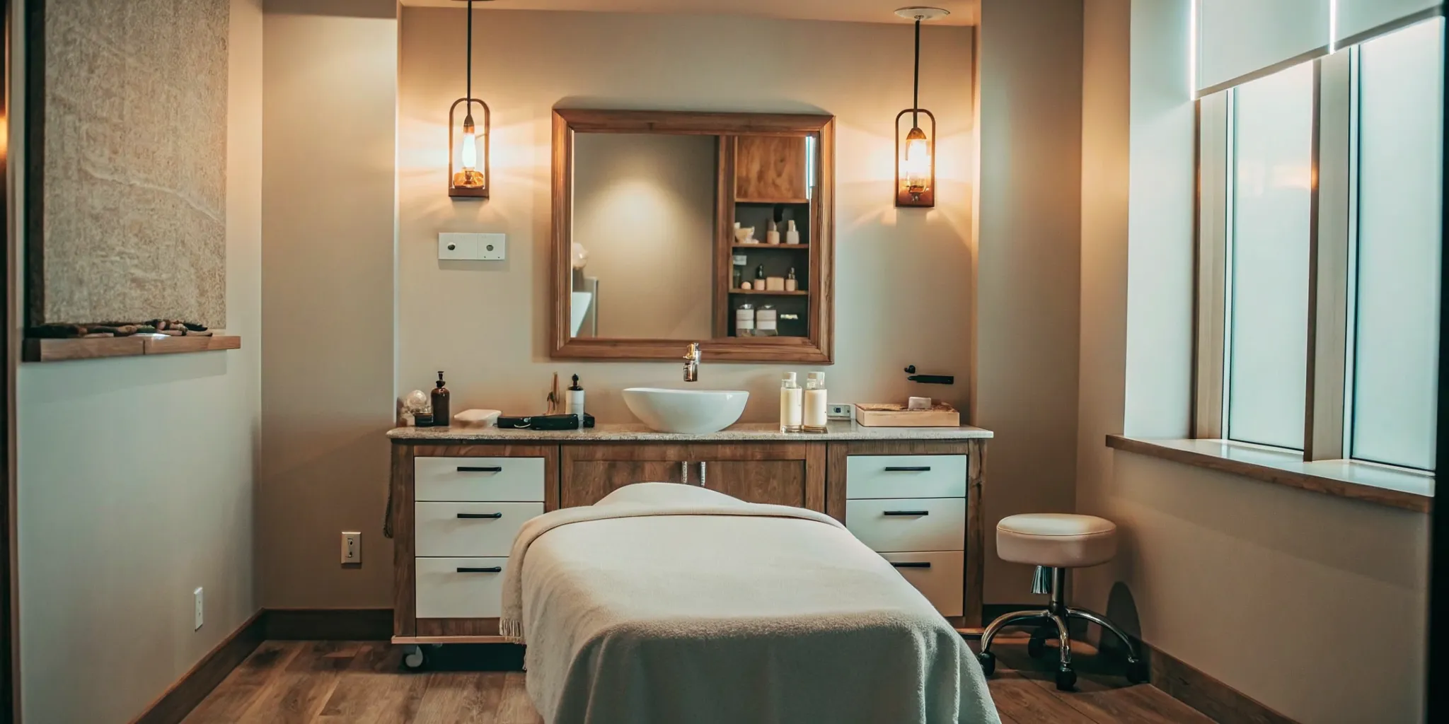 Private esthetician room for rent with treatment bed and storage