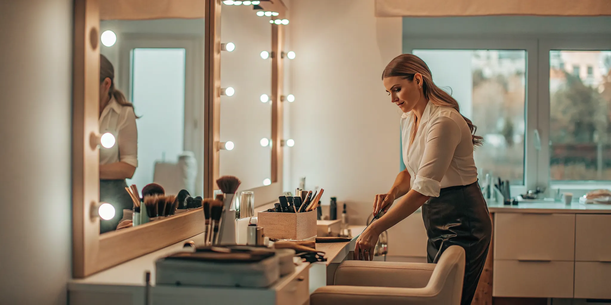 Professional salon suite interior with styling station, chair, and neatly organized tools