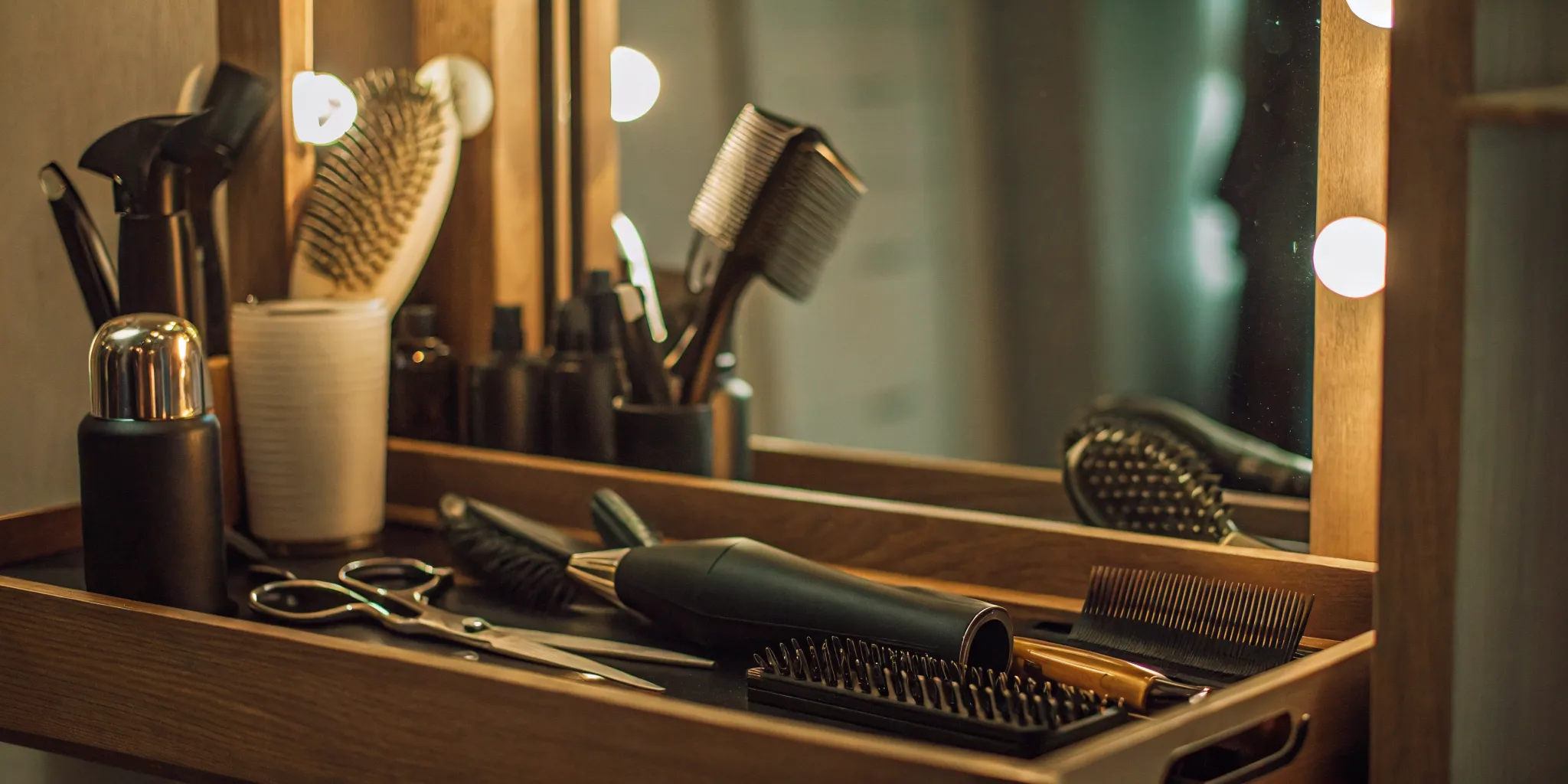 Organized salon tools and products on clean shelving in a bright suite
