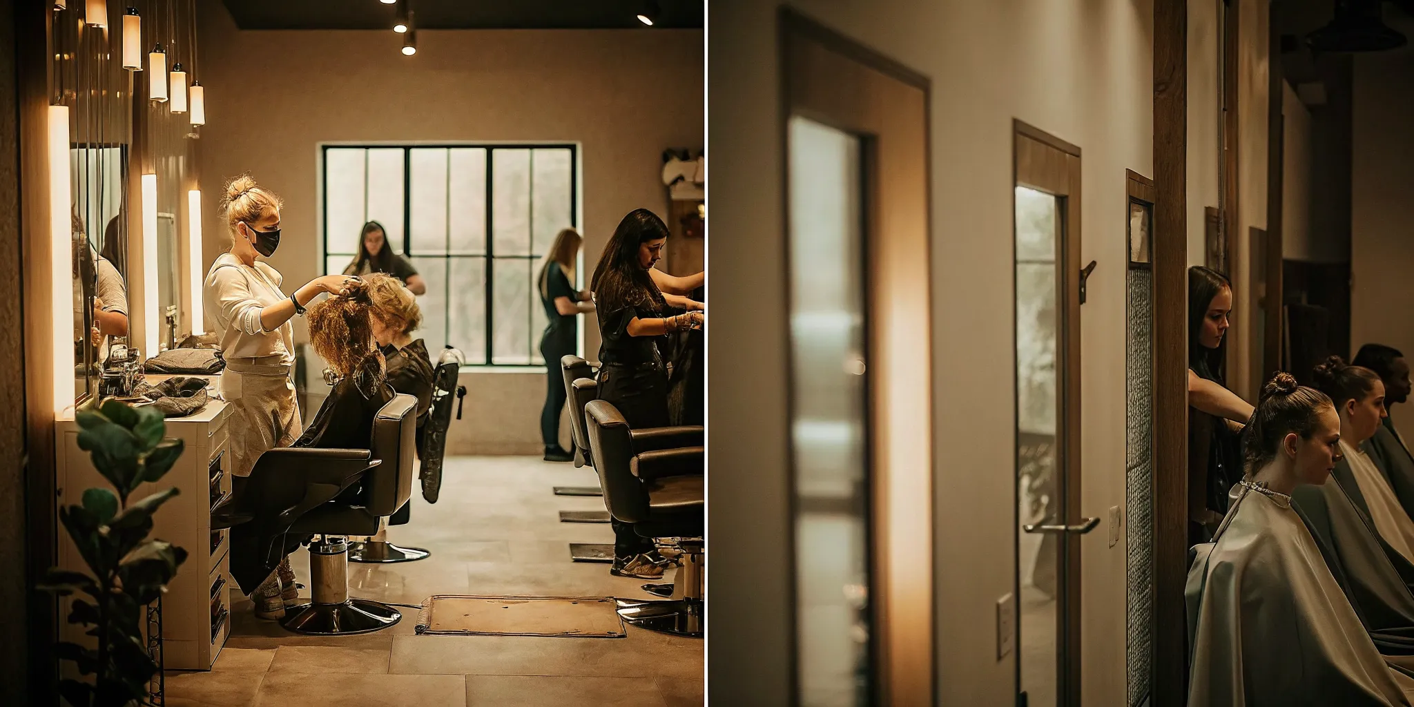 Side by side visual contrast of a busy shared salon floor and a private lockable salon suite door