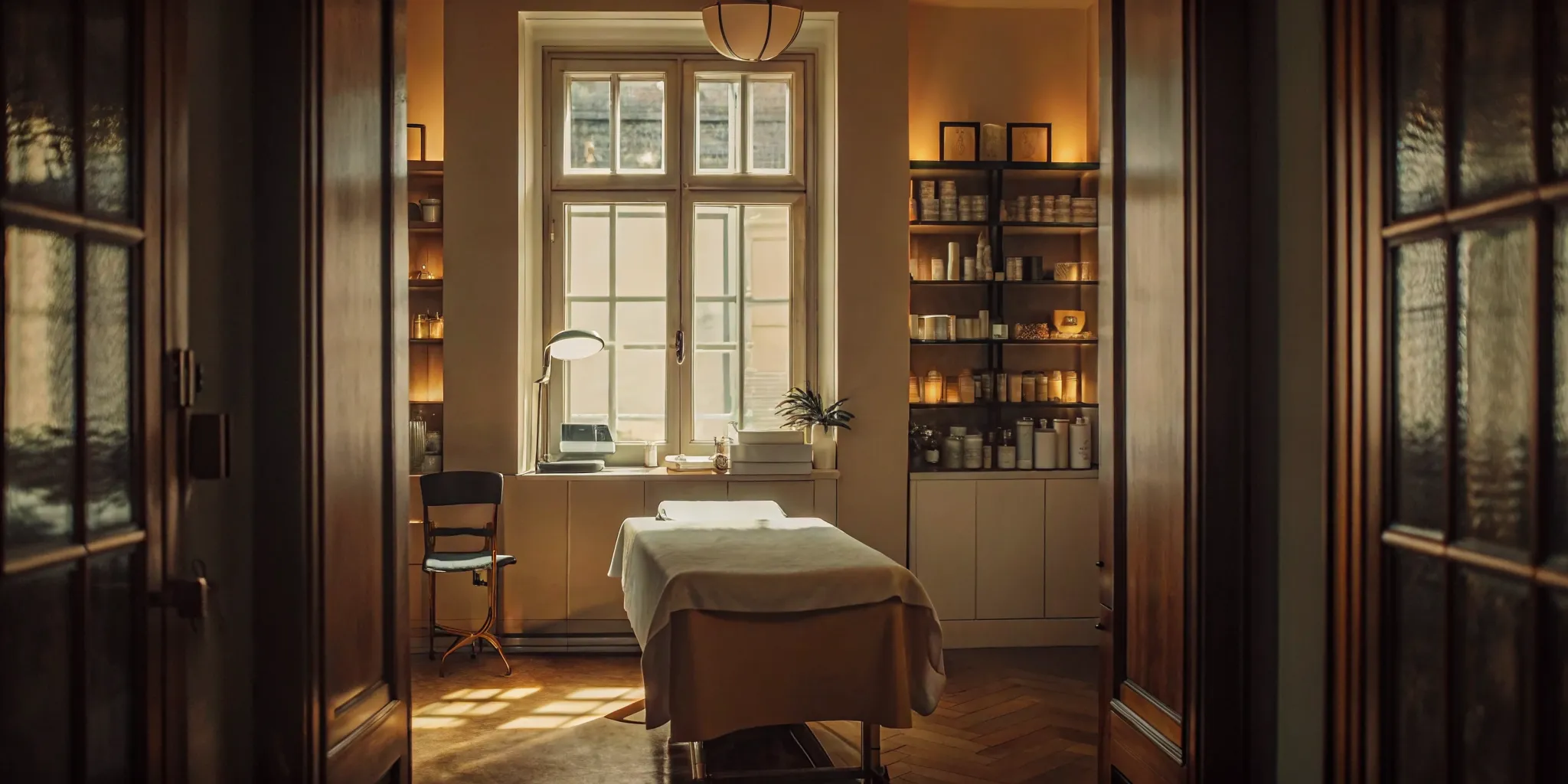 Premium private esthetician room for rent with treatment bed and skincare storage