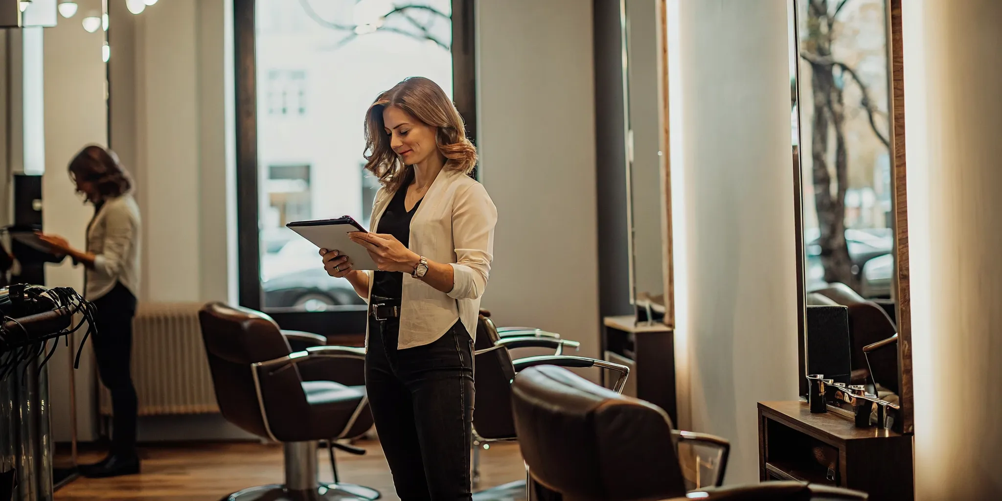 Independent stylist reviewing salon owner salary and profit estimates in a private suite