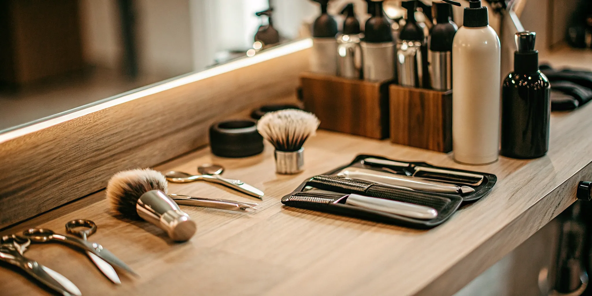 Barber grooming products and retail display in a private salon suite with pomades and beard oils