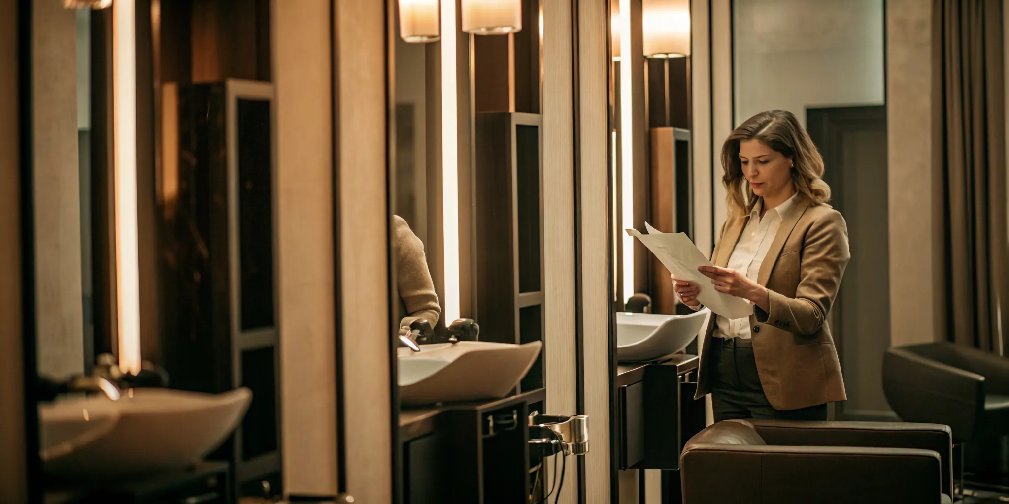 Beauty professional inspecting a private salon suite before signing a salon suite lease