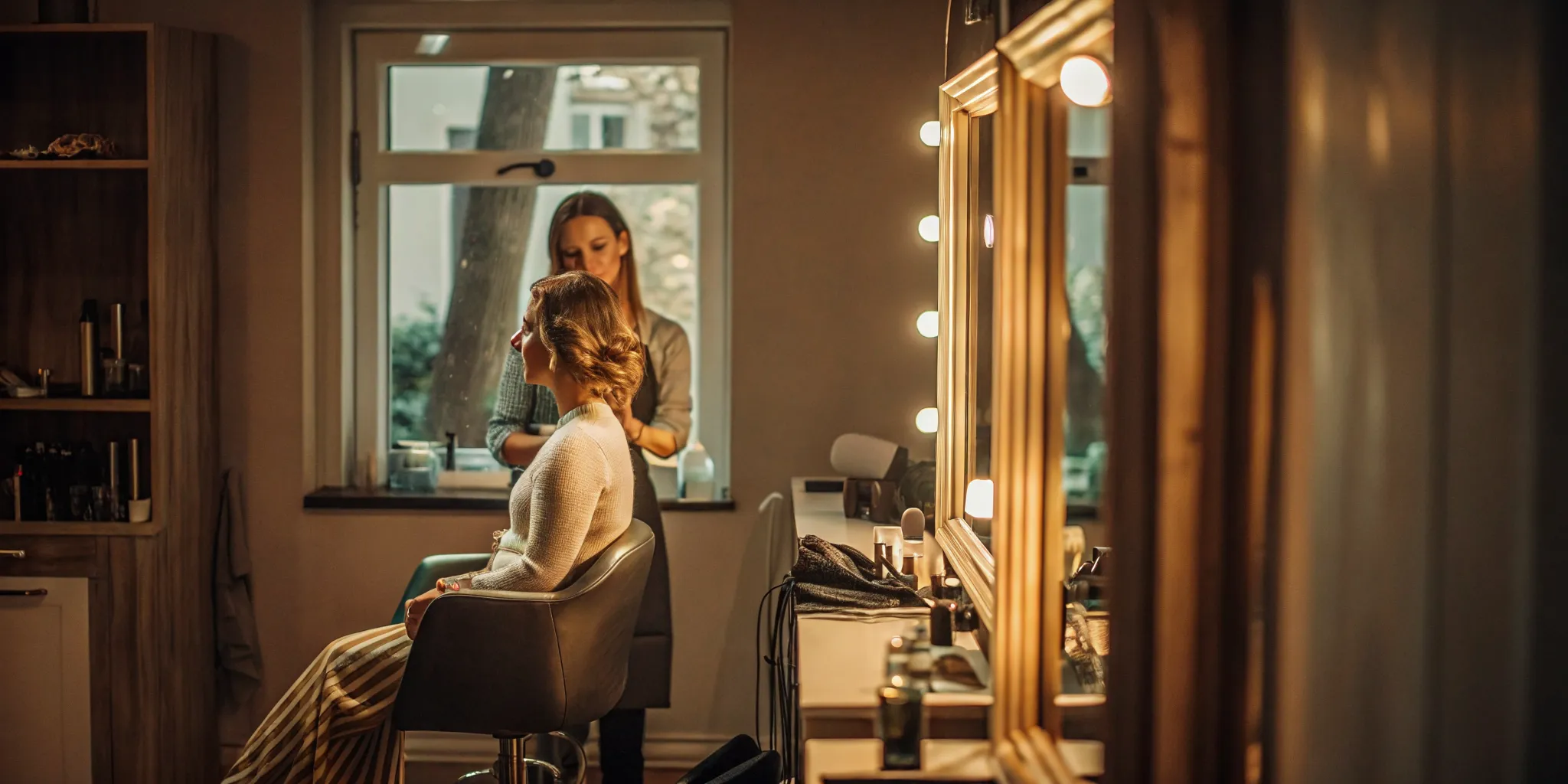 Beauty professional evaluating the lighting, storage, and workstation in a private salon suite