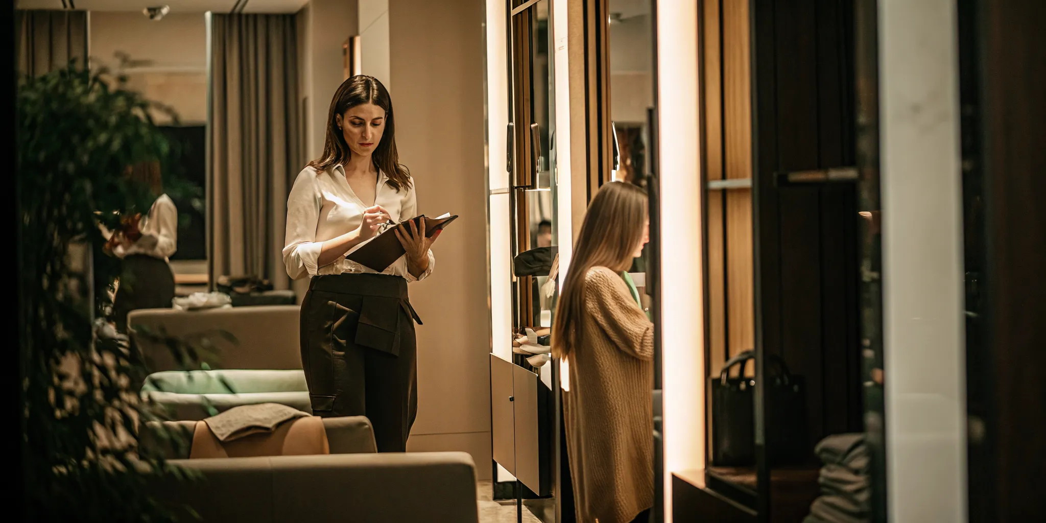 Experienced nail professional evaluating a private salon suite during a tour