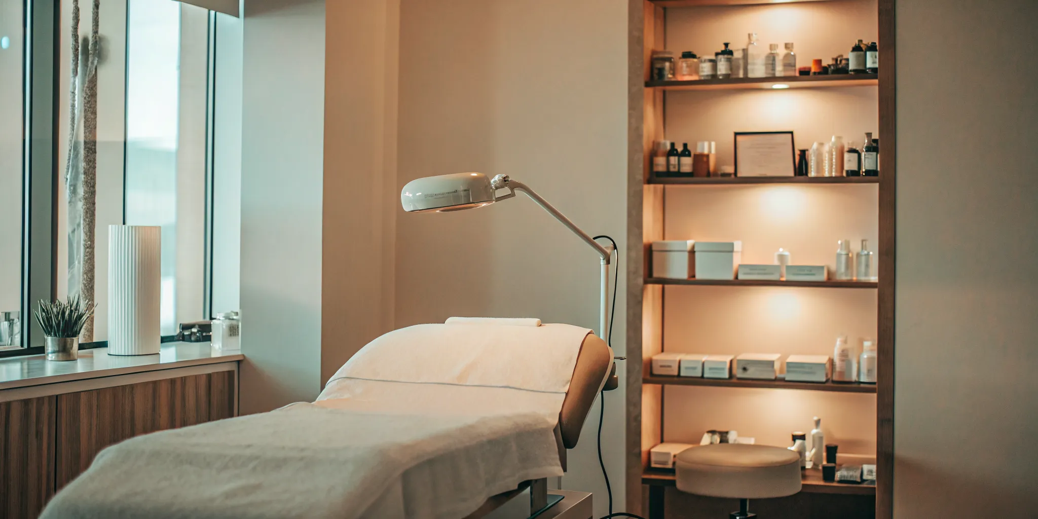 Esthetician treatment room equipped with hydraulic facial bed, magnifying lamp, and professional skincare tools in a modern salon suite