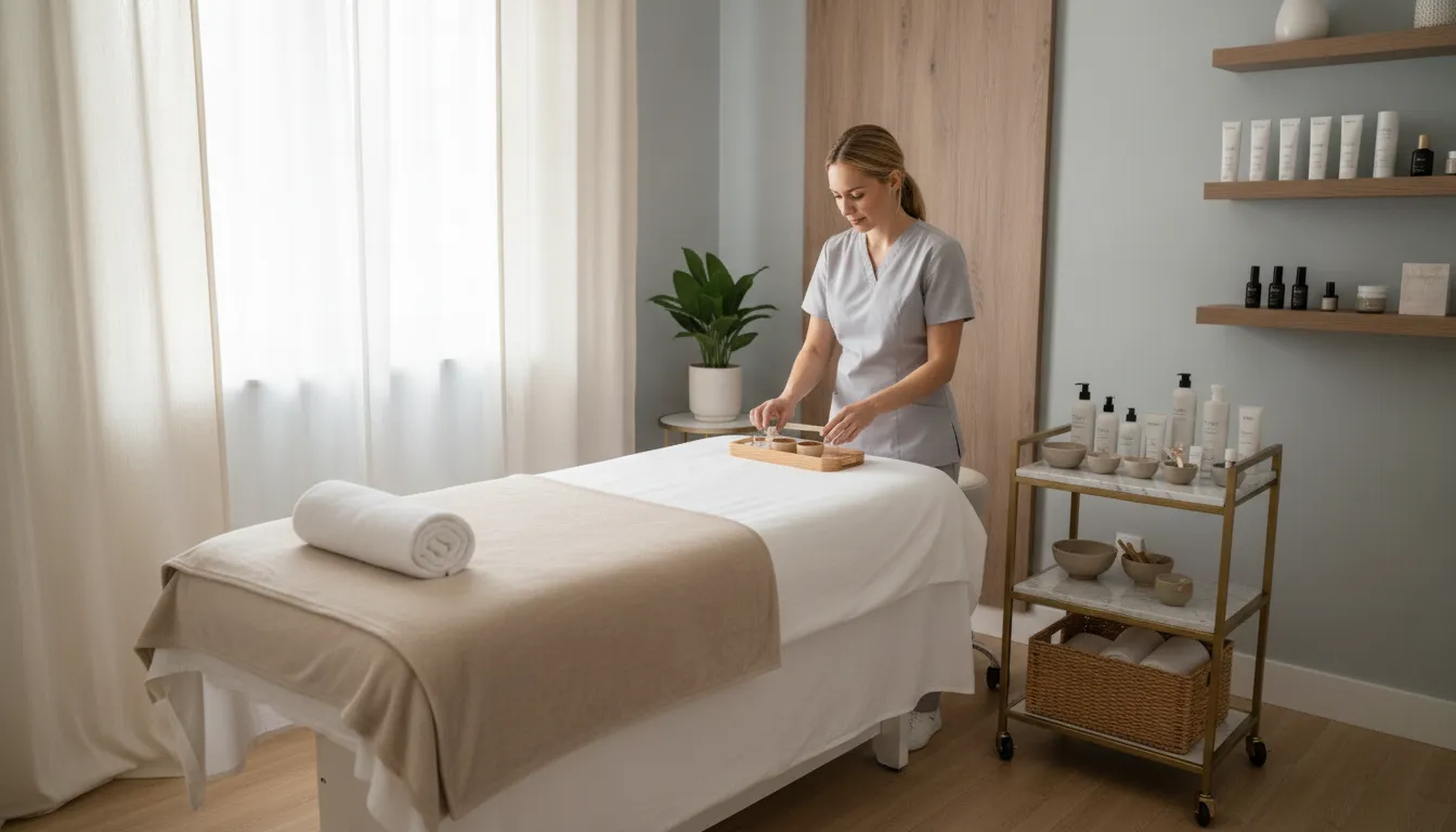Licensed esthetician arranging supplies and fresh towels in a private treatment room for rent