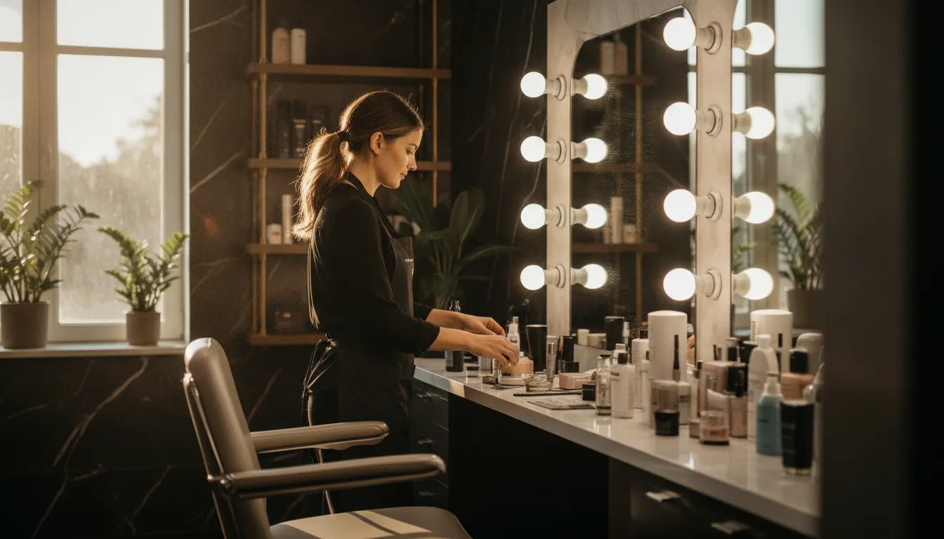 Stylist preparing an organized private salon studio for client services