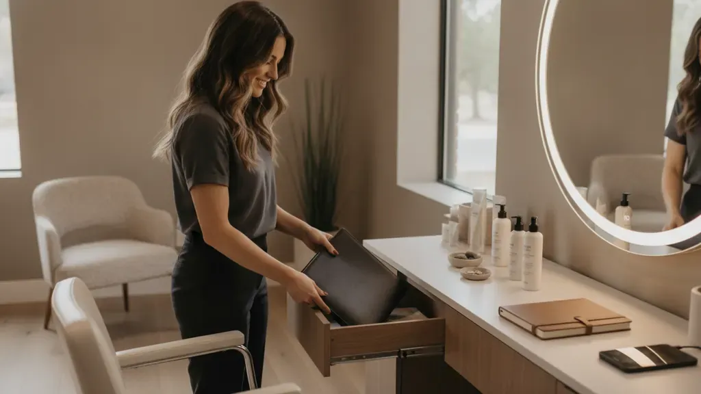Independent beauty professional organizing confidential client records inside a salon suite