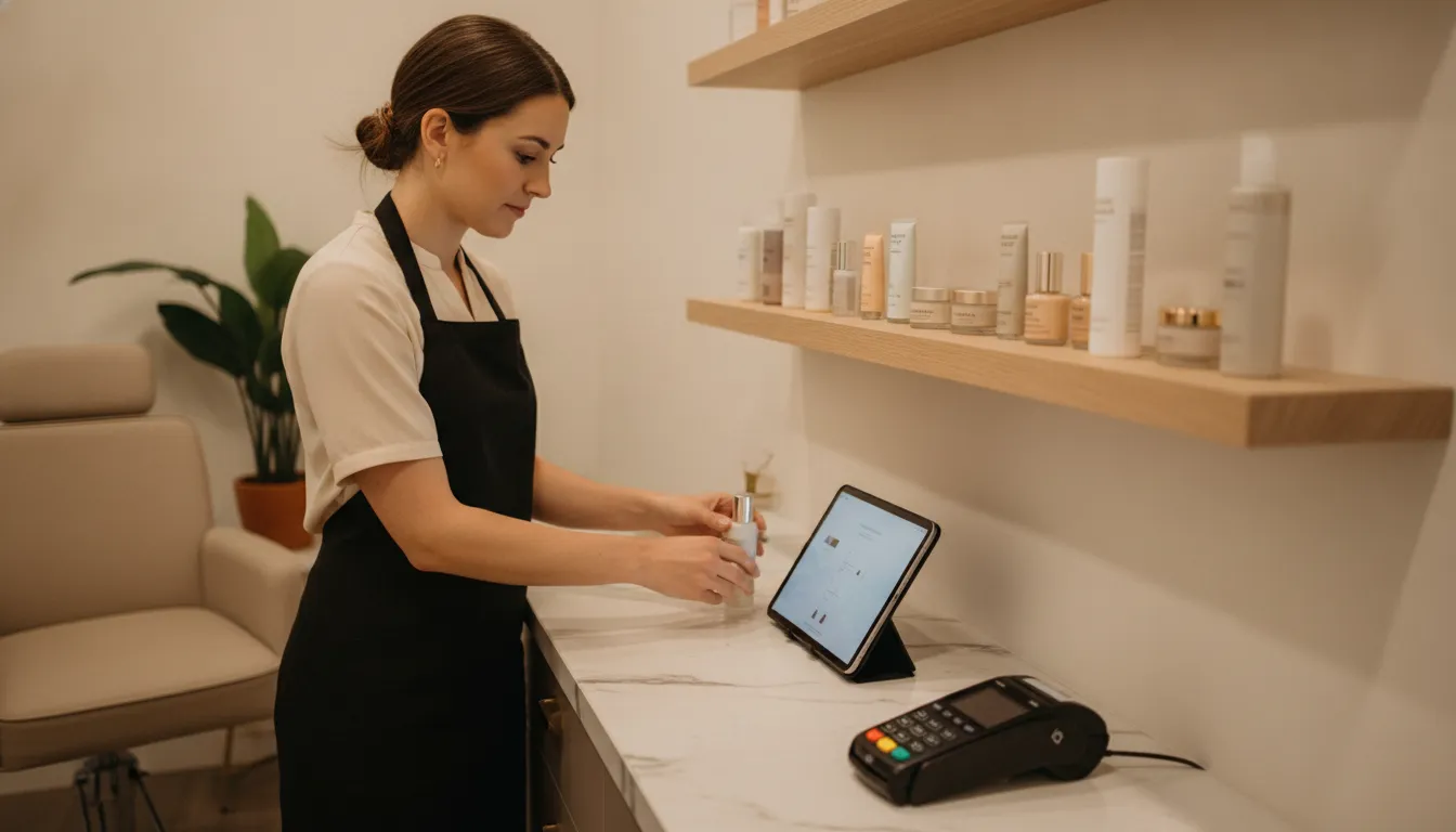 Independent esthetician organizing products beside a salon suite payment terminal
