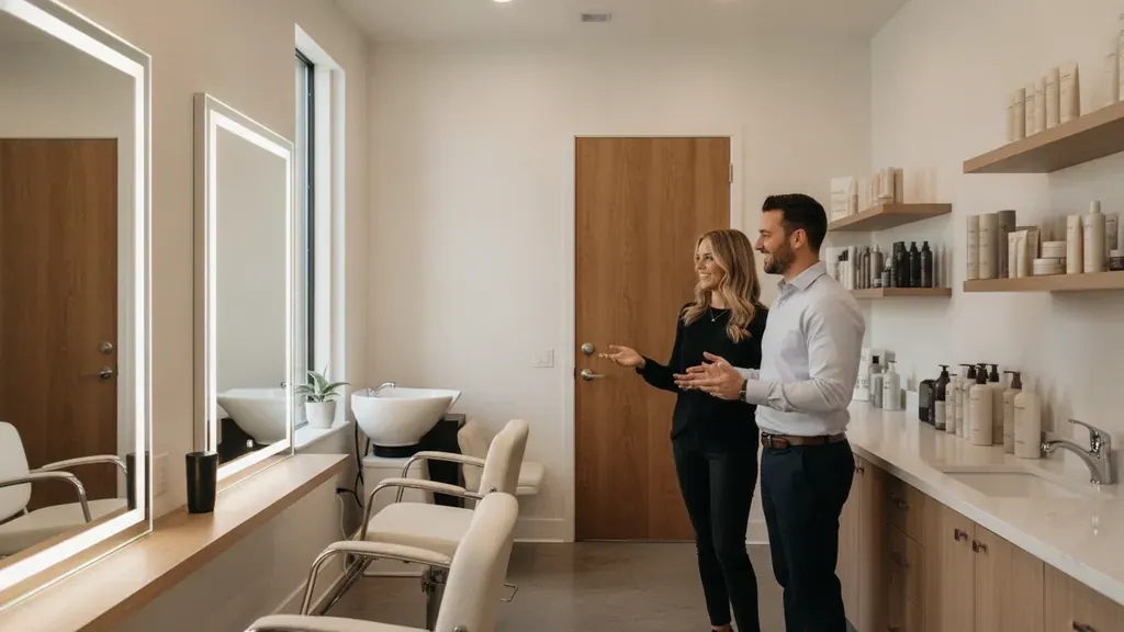 Beauty professional touring a private salon suite before leasing