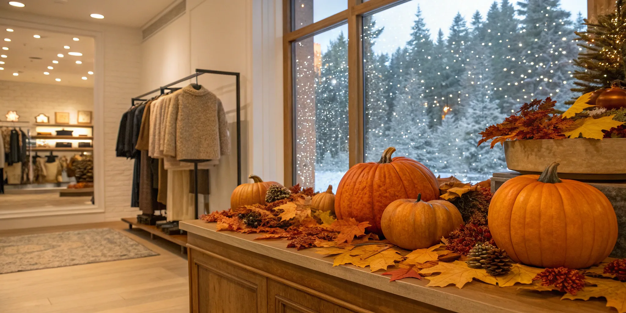 Creative seasonal retail display idea featuring pumpkins, autumn leaves, and sweaters.