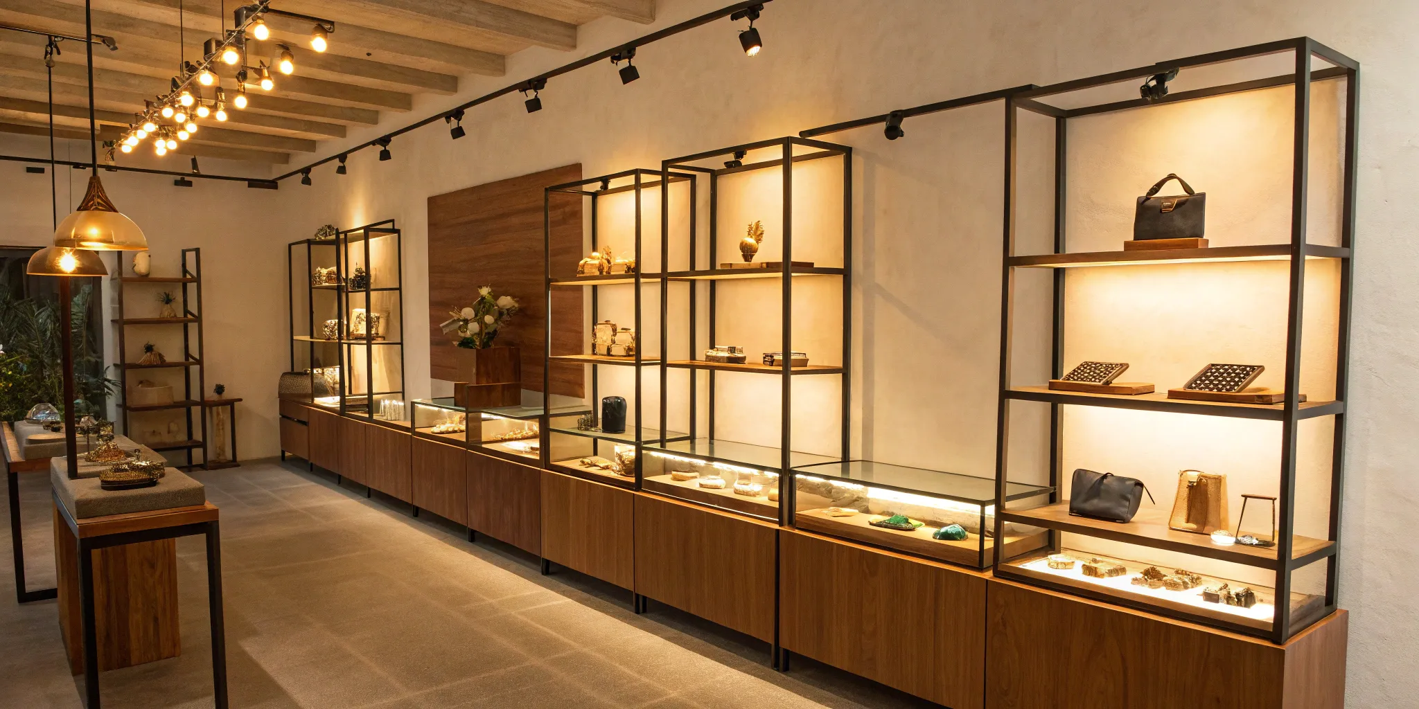 Small retail store display ideas using vertical space and lighting to attract customers.