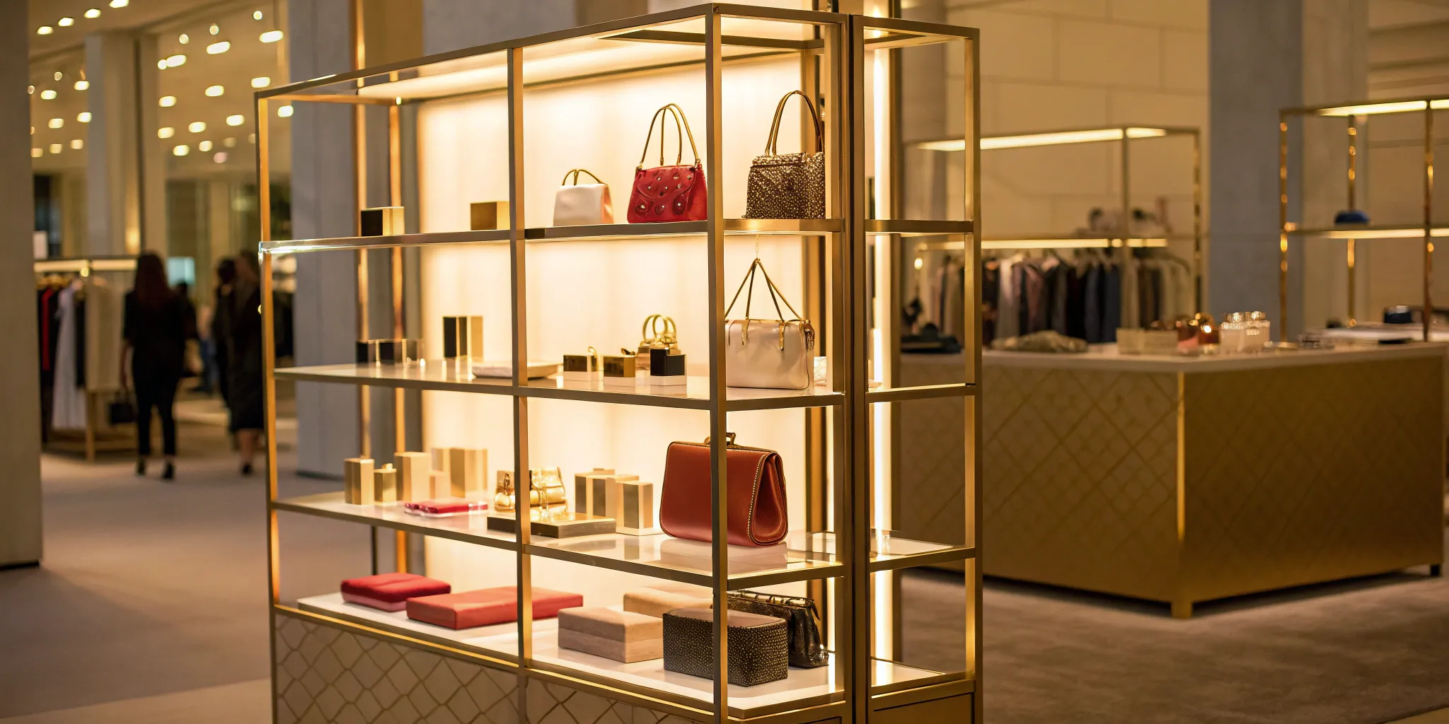 Stylish pop-up shop display with gold shelves showcasing handbags and accessories.