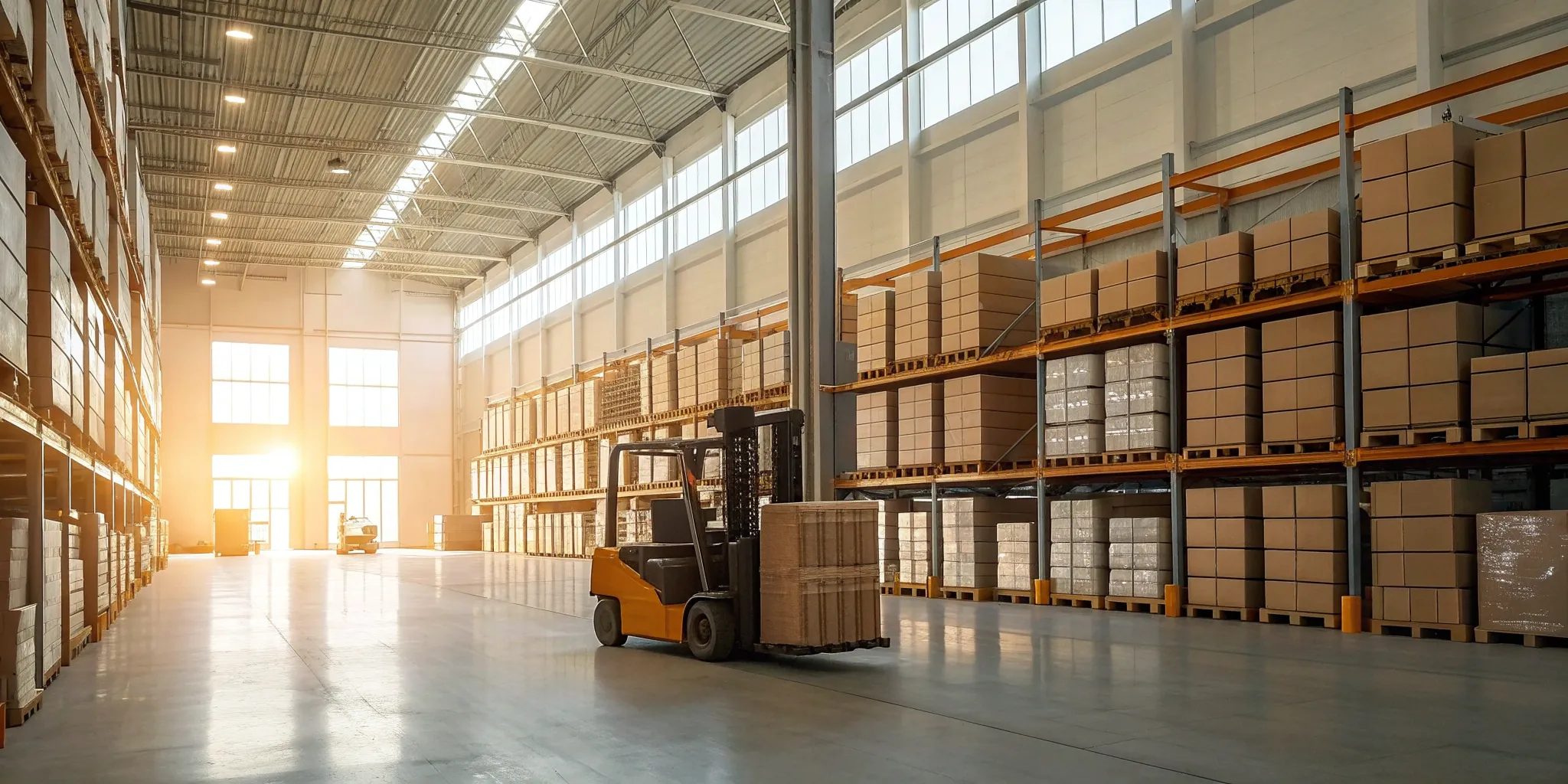 A forklift manages pallet inventory in a warehouse providing 3PL services for retailers.