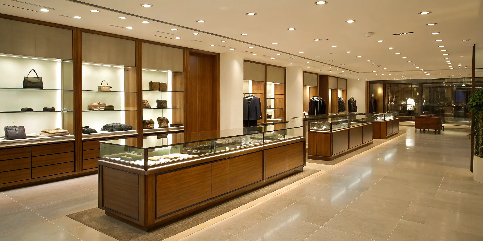 Sleek wood and glass retail display counters in a modern store.