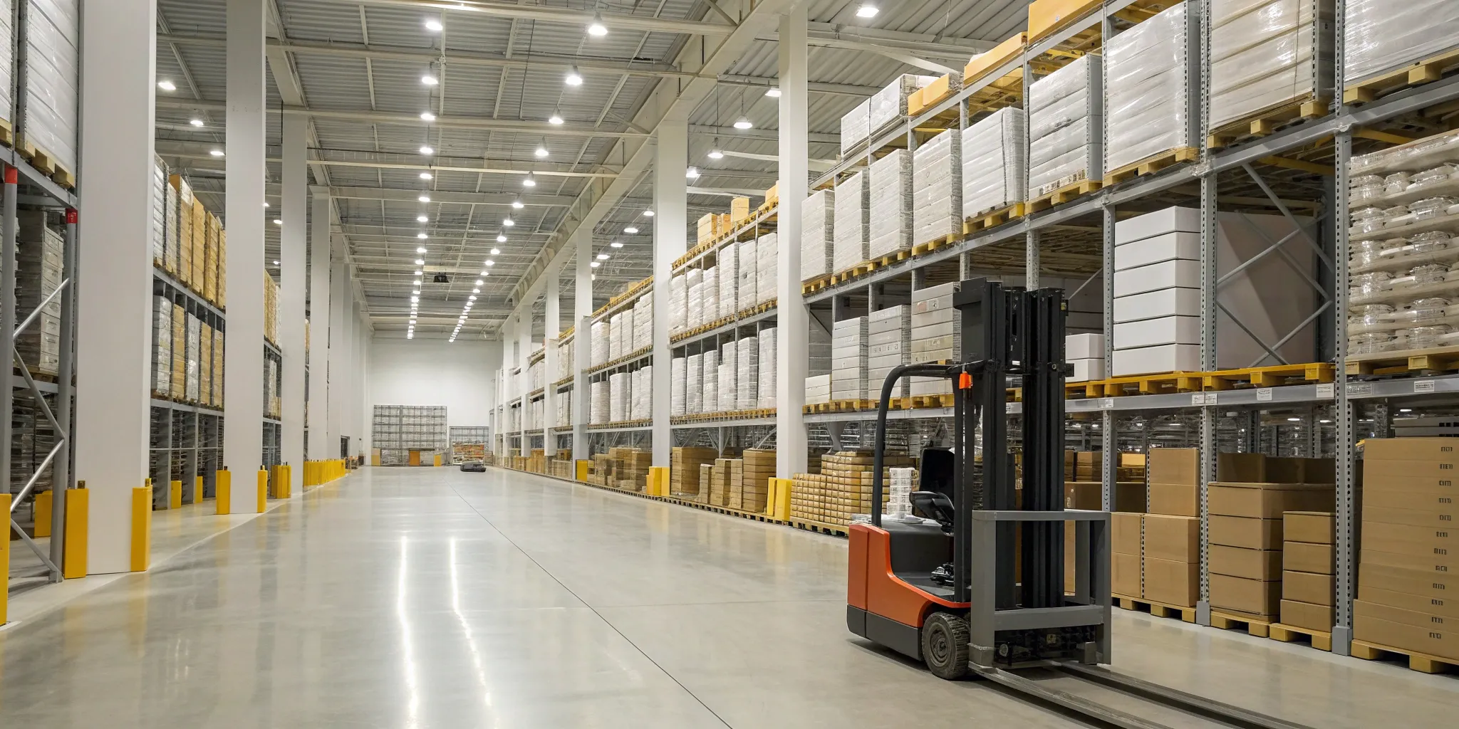Warehouse forklift organizing inventory for efficient retail fixture logistics.