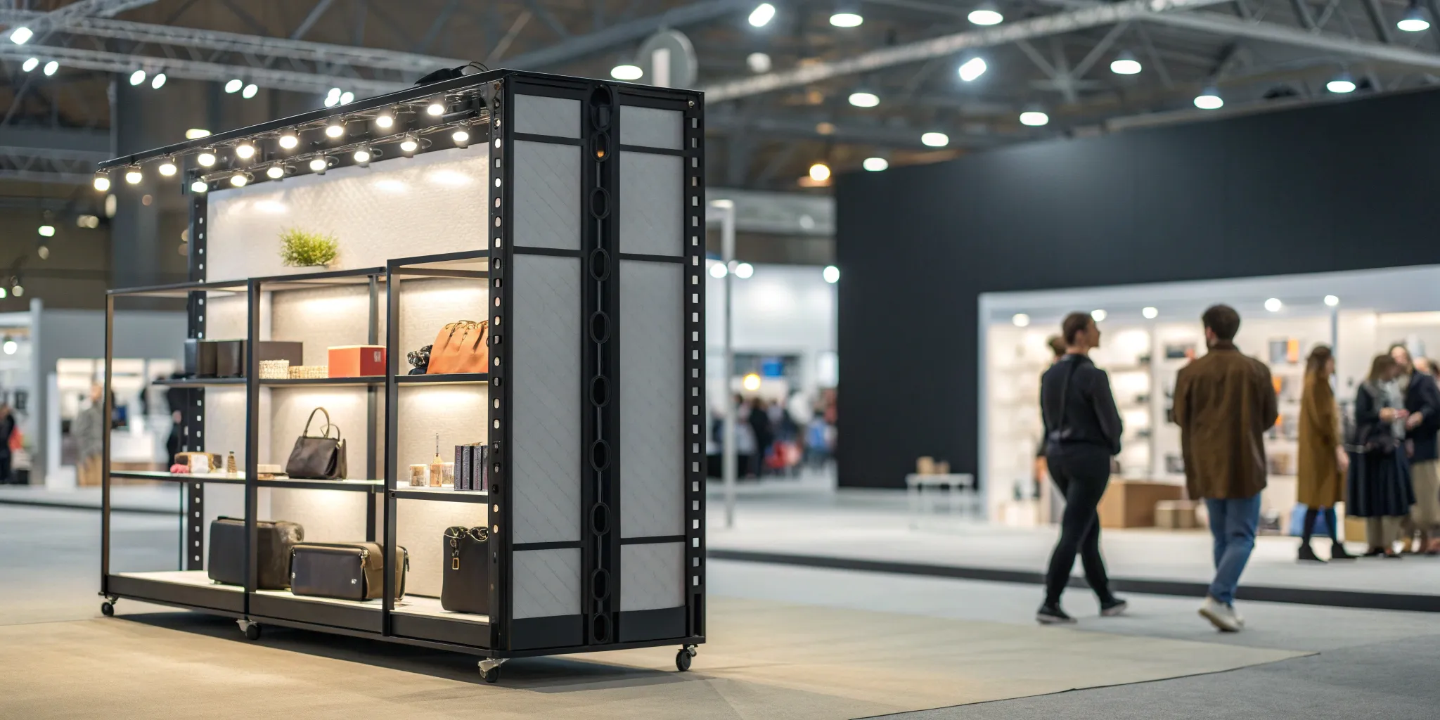 Portable retail display for a trade show with integrated shelves and lighting for accessories.