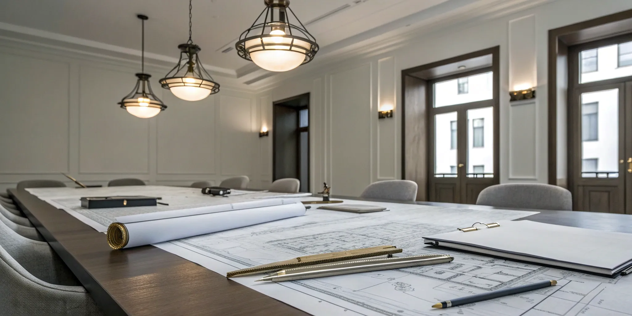 Retail fixture project blueprints and request for proposal documents on a conference table.