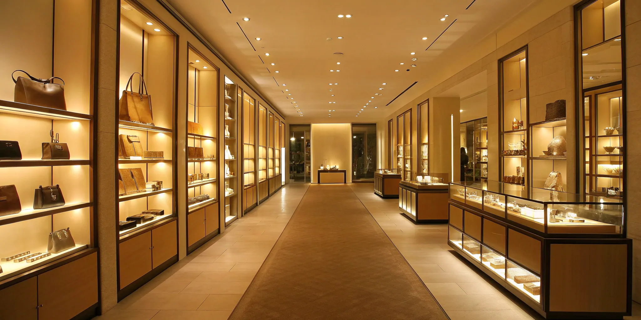Strategic retail lighting for product displays in a luxury boutique.