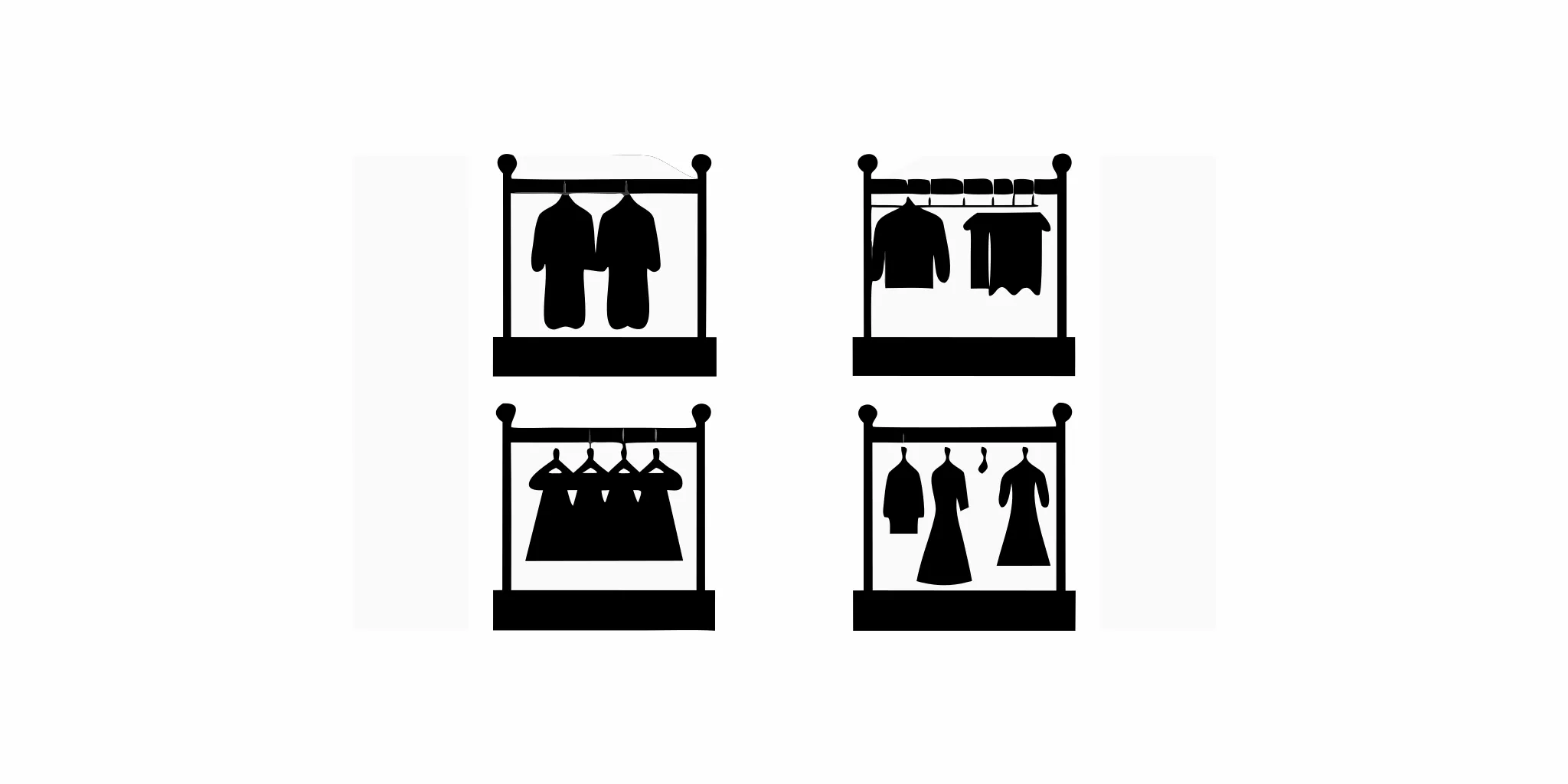 Several types of clothing racks holding organized garments in a retail store.