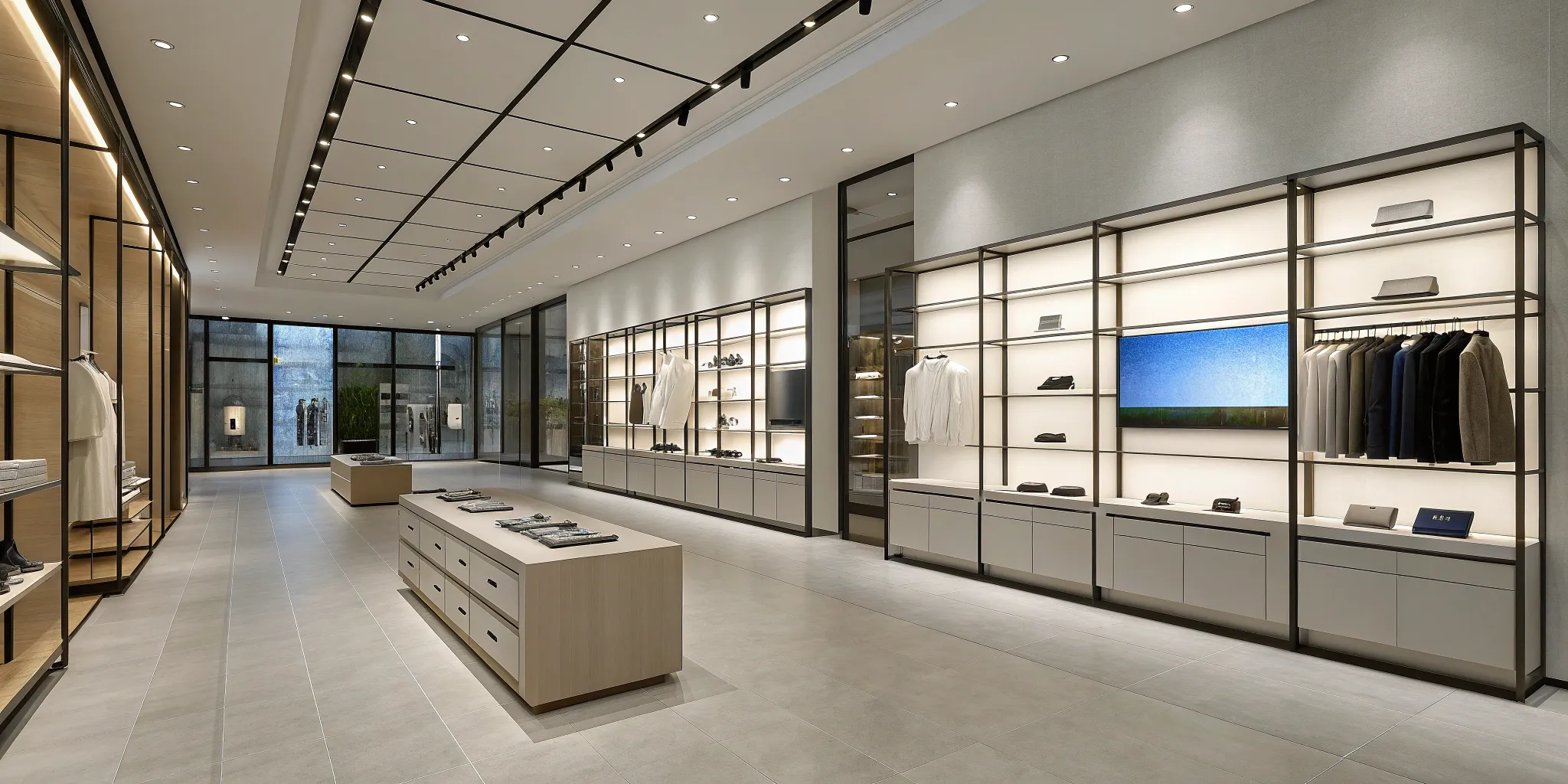A futuristic retail store interior with integrated technology and sleek, minimalist displays.
