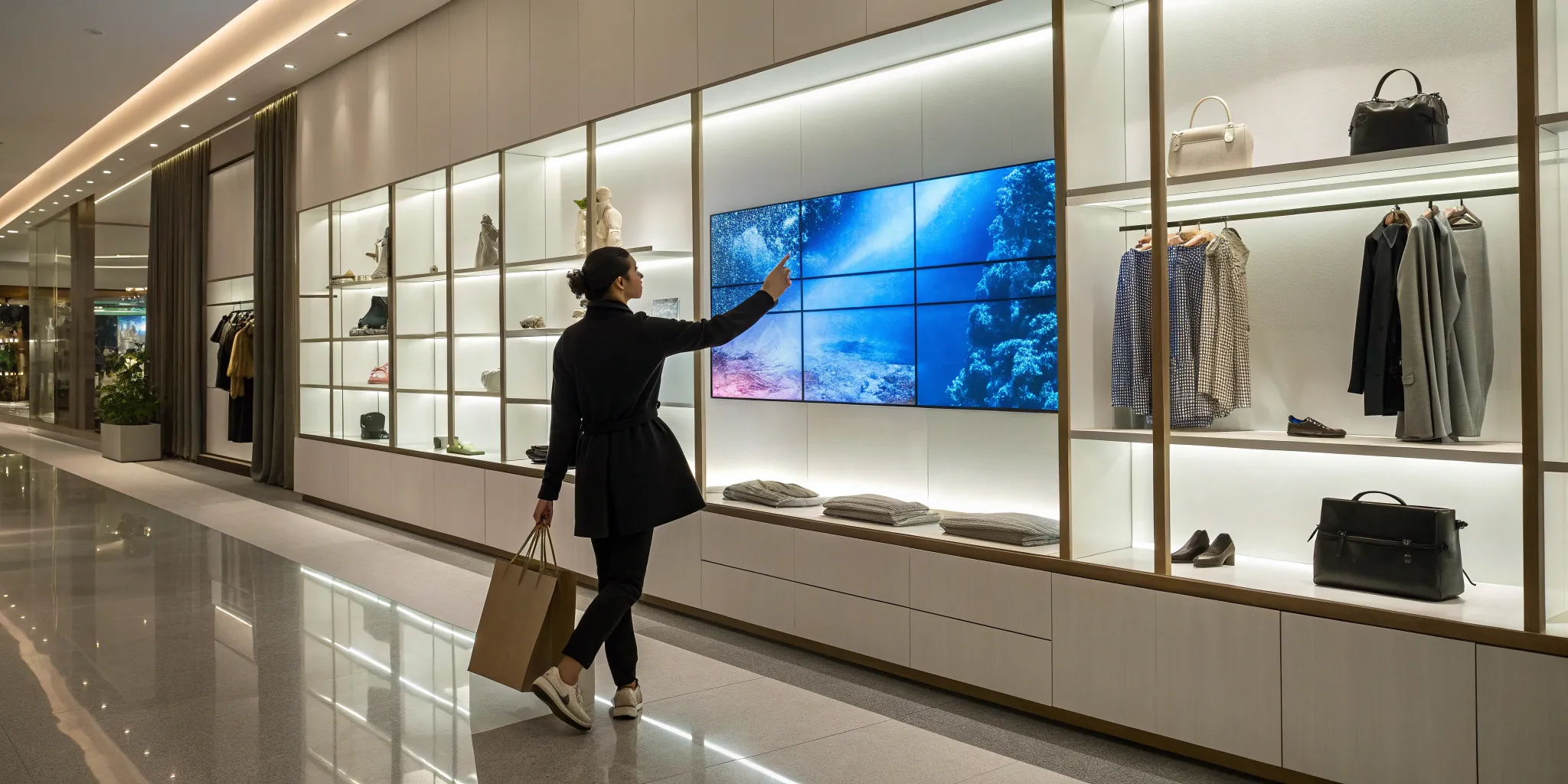 A shopper using an interactive digital retail display with integrated features.