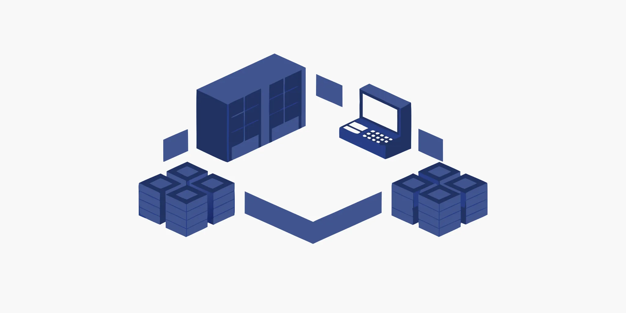 ERP integration services connecting a computer, server, and data blocks within a retail technology network.