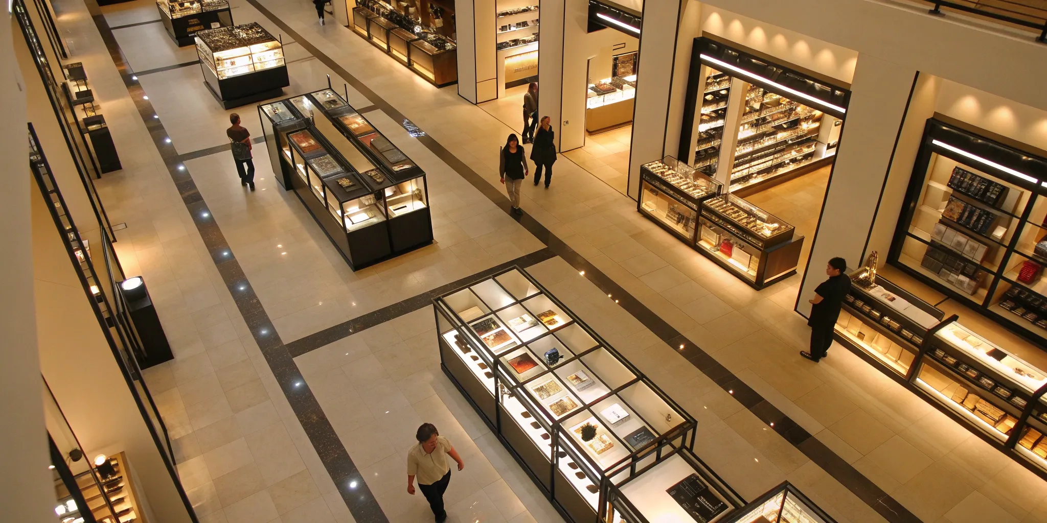 A guide to retail store layout in a modern shop with wide aisles and strategic lighting.