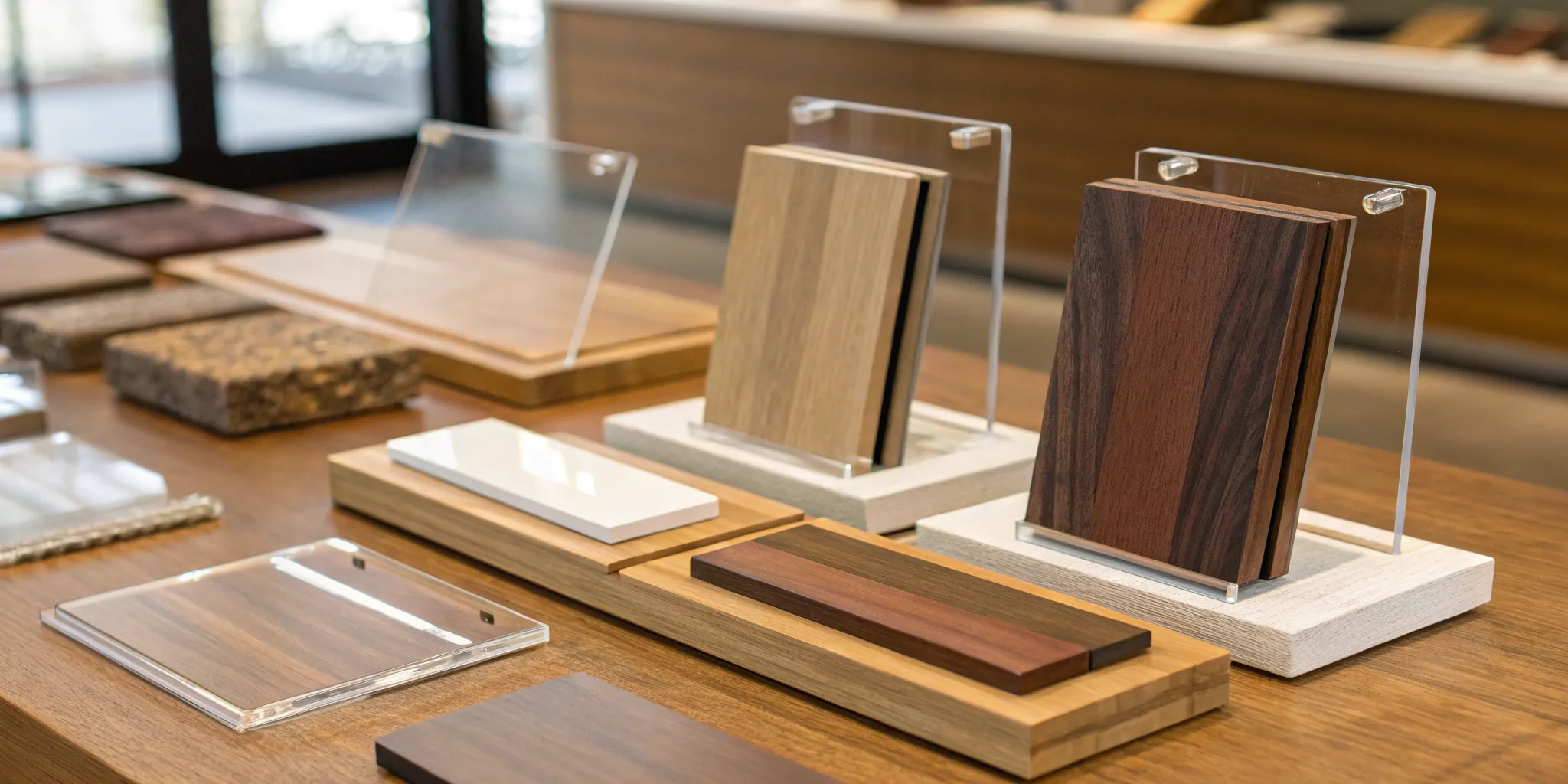 Various types of retail display materials, including wood and acrylic, on a countertop.