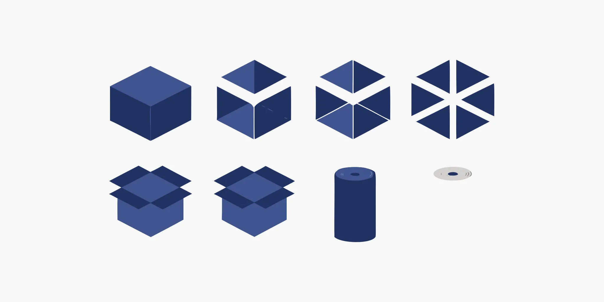 A variety of retail packaging solutions shown as icons of boxes and rolls.